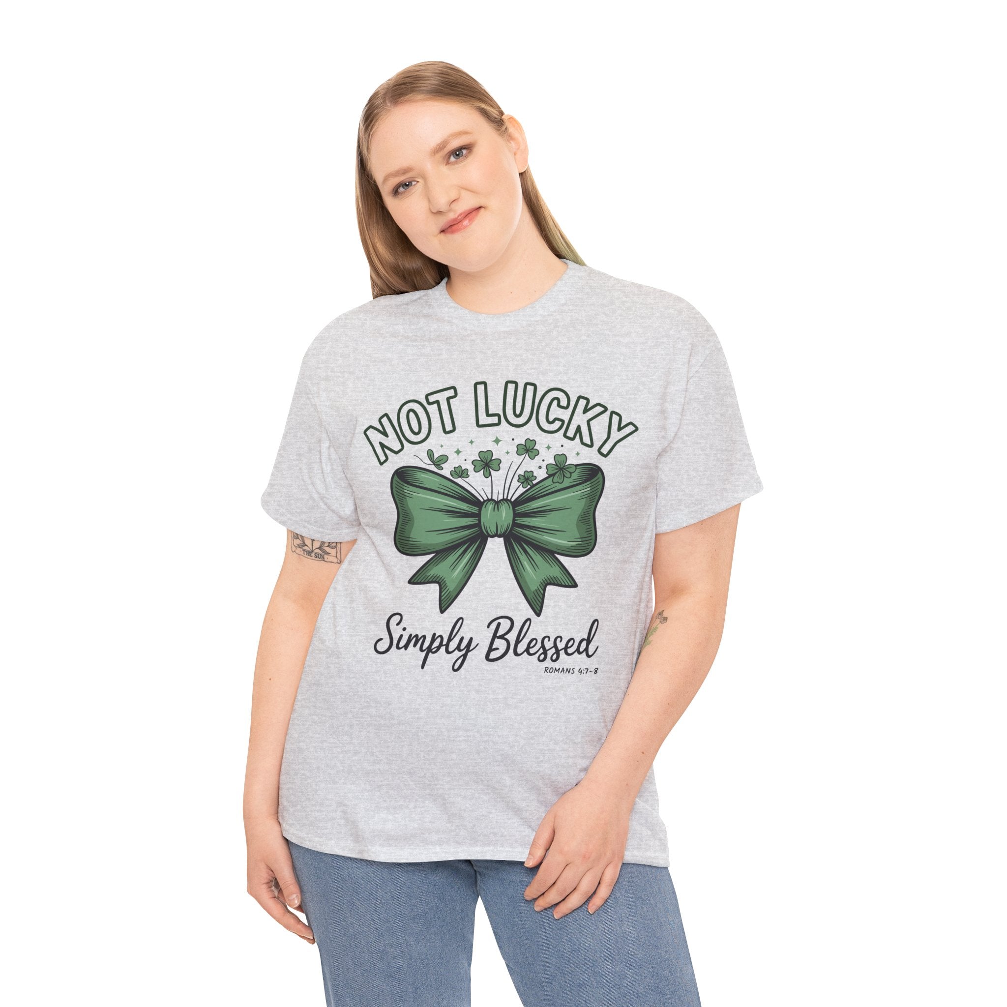 Not Lucky, Simply Blessed T-Shirt — Green Bow & Clovers St. Patrick’s Unisex Cotton Tee