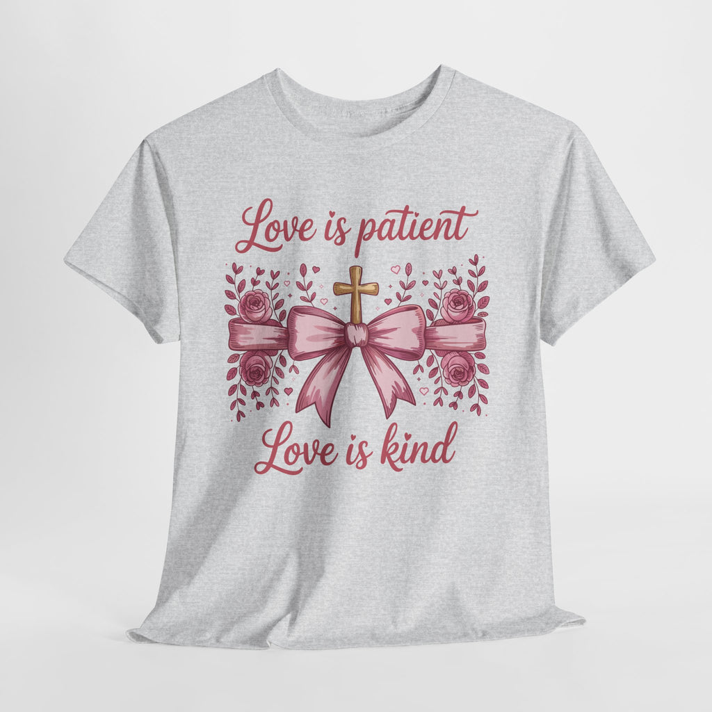 Christian Floral Tee — "Love is Patient, Love is Kind" Pink Rose Cross. Unisex Cotton Tee