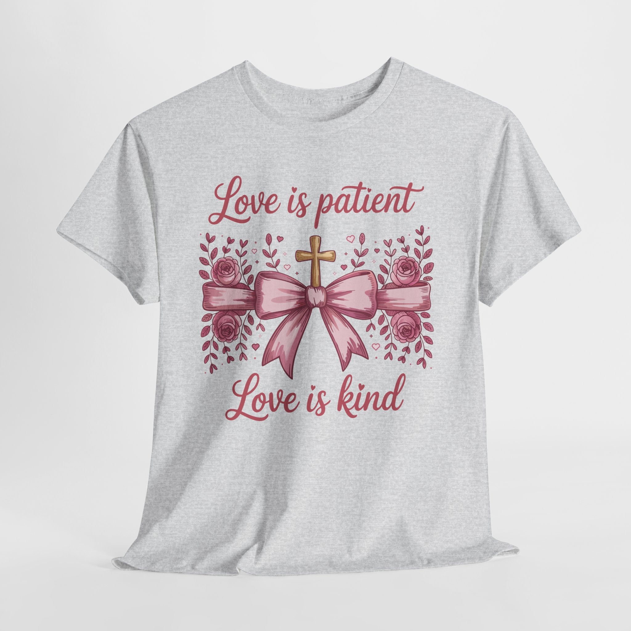 Christian Floral Tee — "Love is Patient, Love is Kind" Pink Rose Cross. Unisex Cotton Tee
