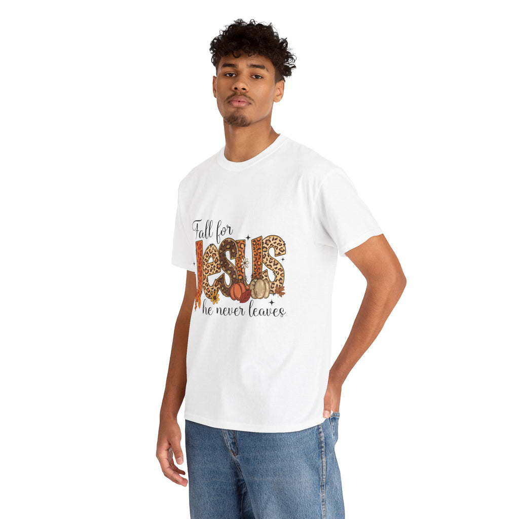 JESUS Leopard Print Fall T-Shirt — Pumpkins, Leaves & Floral Christian Unisex Cotton Tee