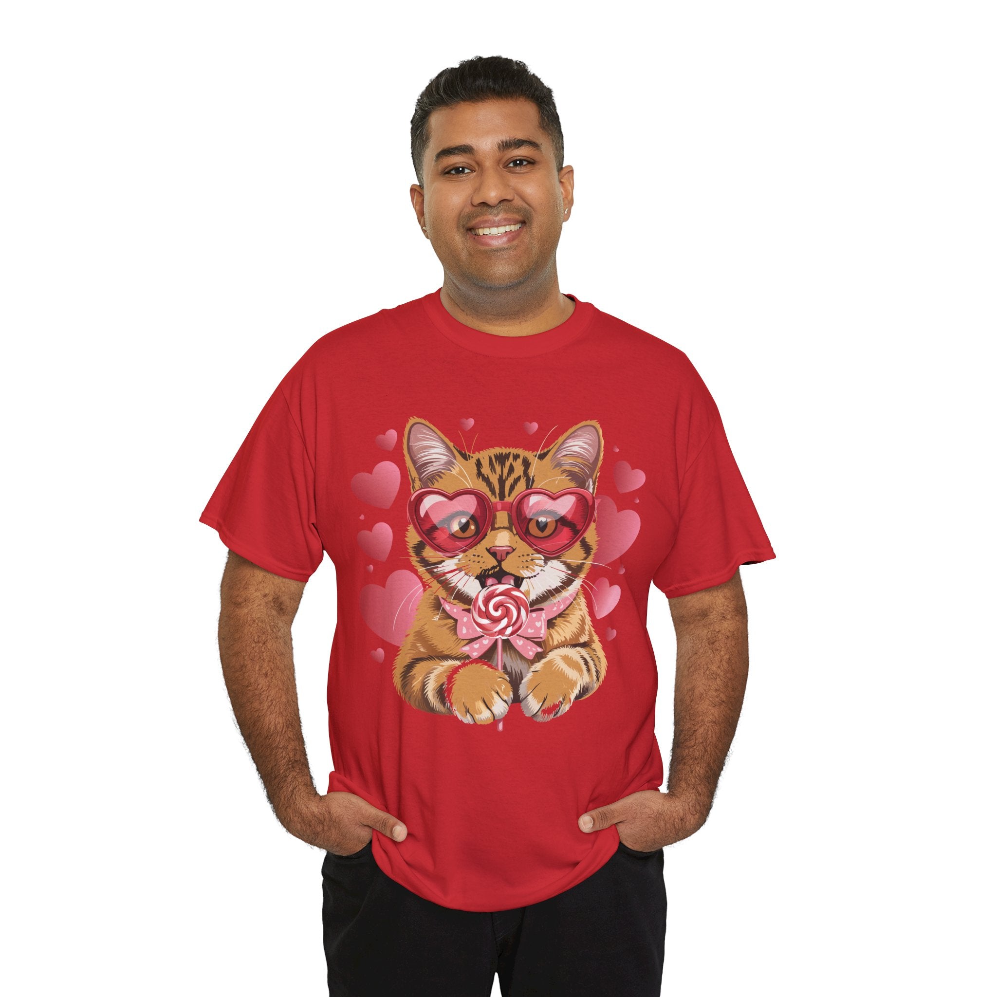Valentine Cat Tee — Heart Glasses, Lollipop Bow Unisex Cotton Tee