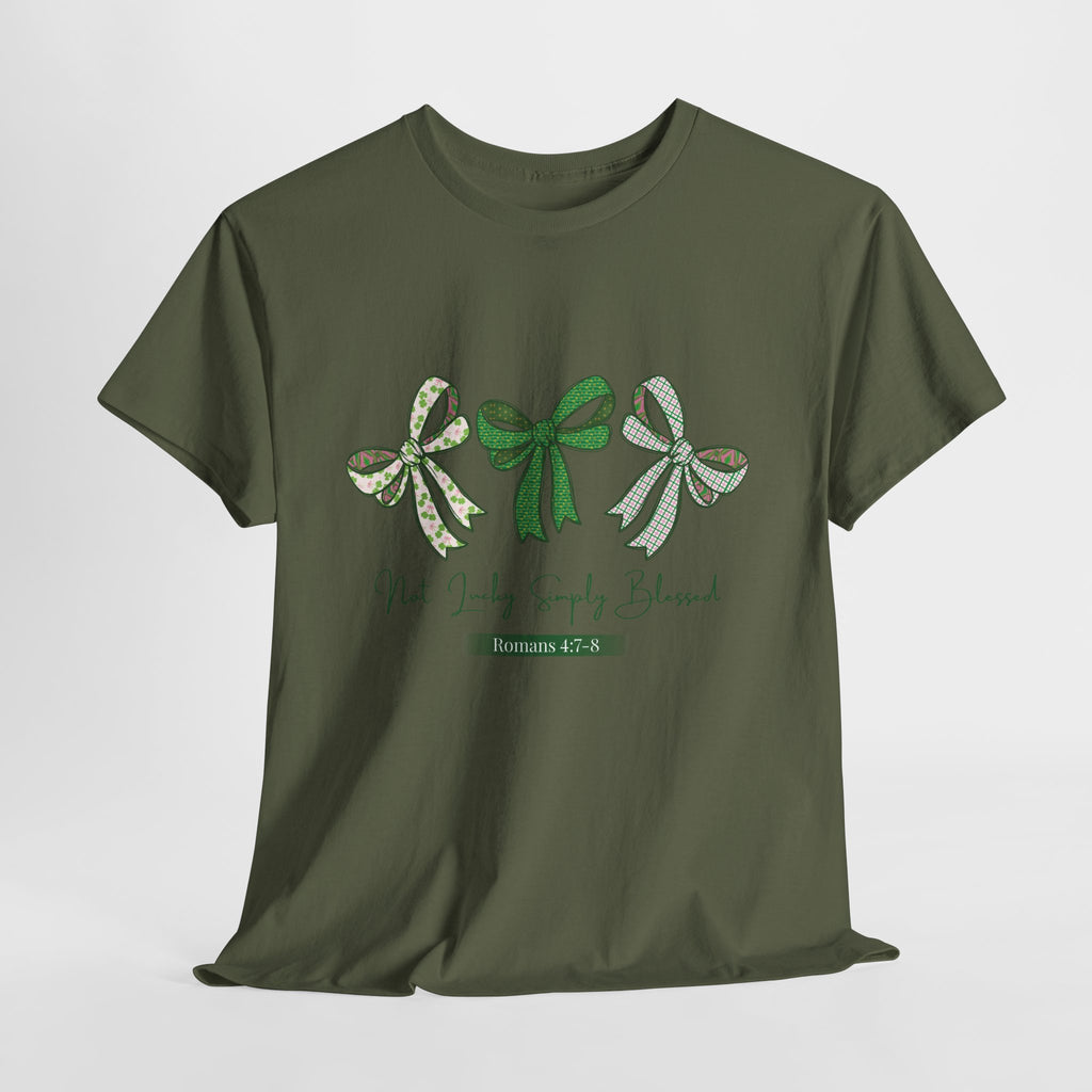 Not Lucky Simply Blessed Tee — Romans 4:7-8 Green Bow Christian Unisex Cotton T-Shirt