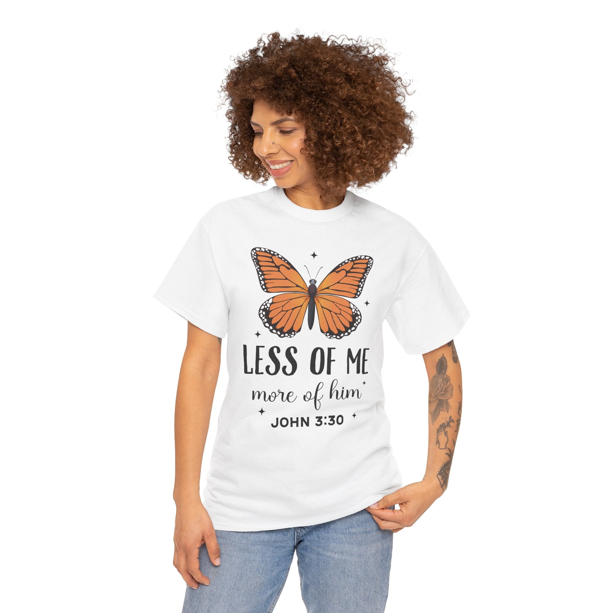 Monarch Butterfly Tee — "Less of Me, More of Him" Christian Unisex cotton T‑Shirt