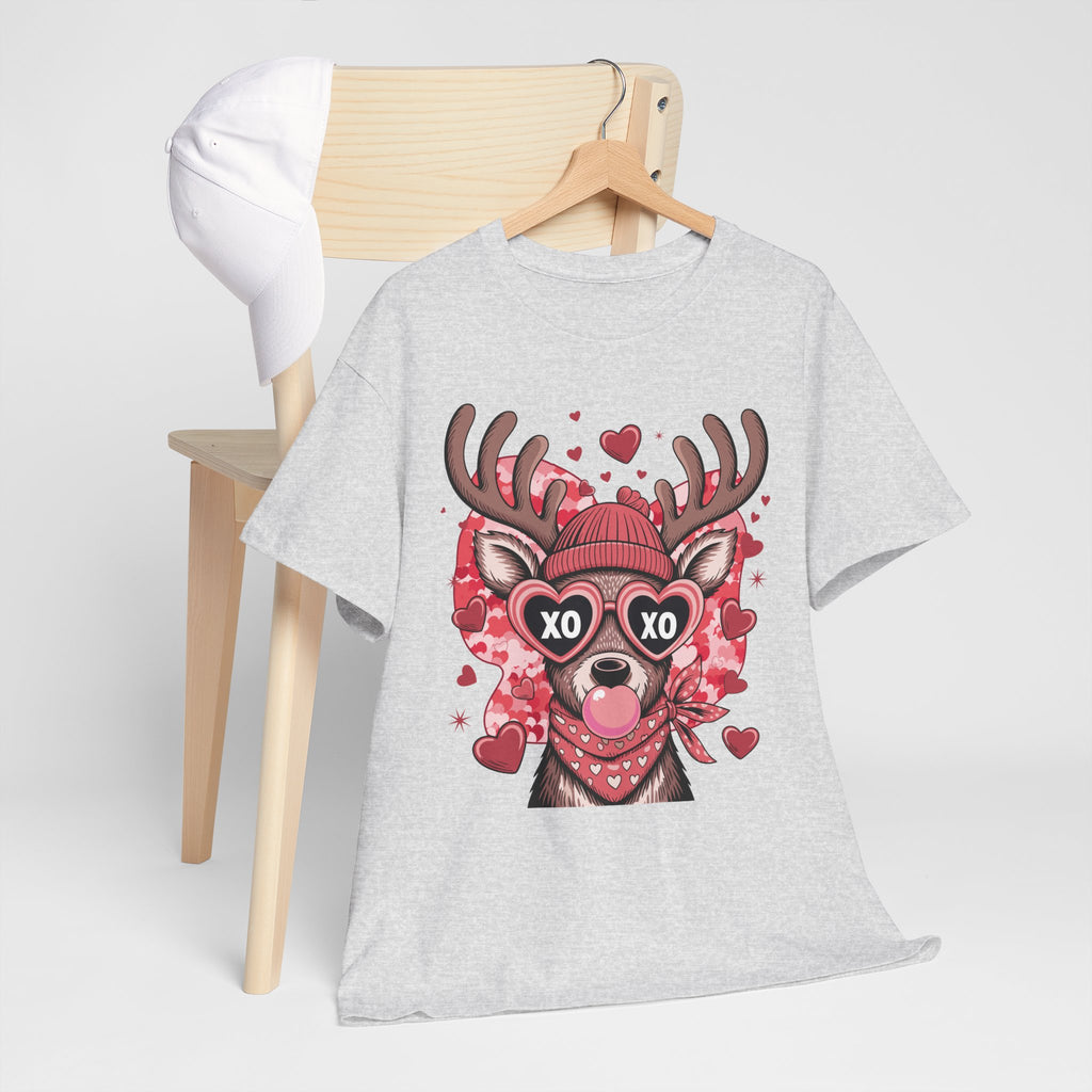 Valentine Deer Tee — Cute XO Heart Glasses, Beanie & Scarf Unisex Cotton Tshirt