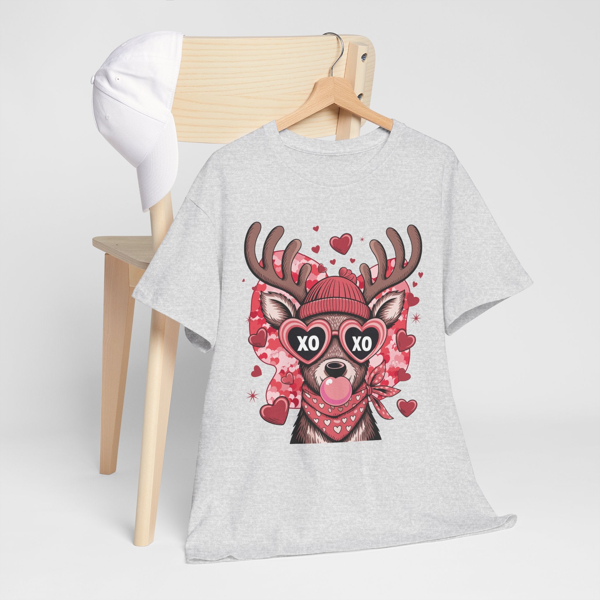 Valentine Deer Tee — Cute XO Heart Glasses, Beanie & Scarf Unisex Cotton Tshirt