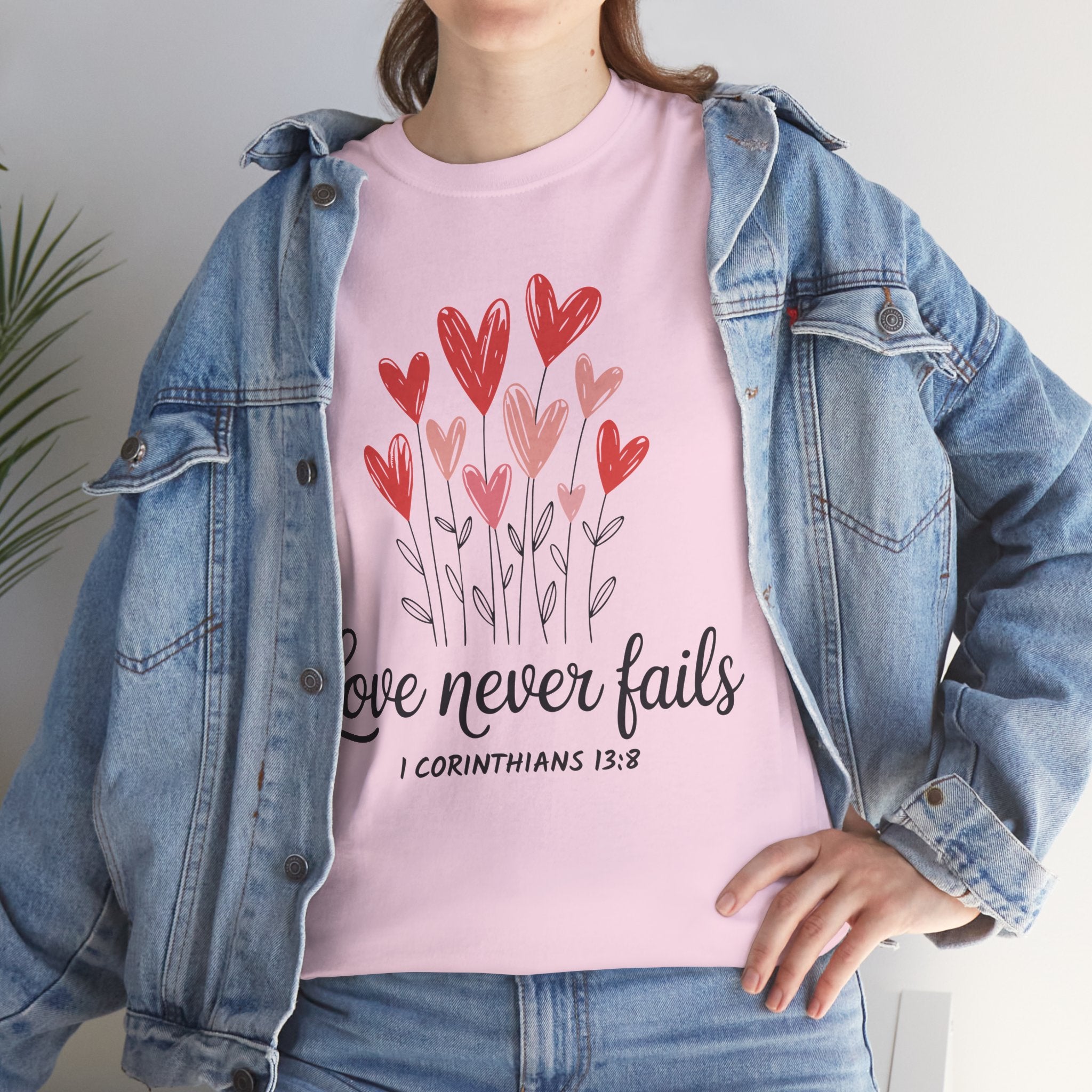 Christian Valentine T-Shirt — "Love Never Fails" (1 Corinthians 13:8) Unisex Cotton Tee
