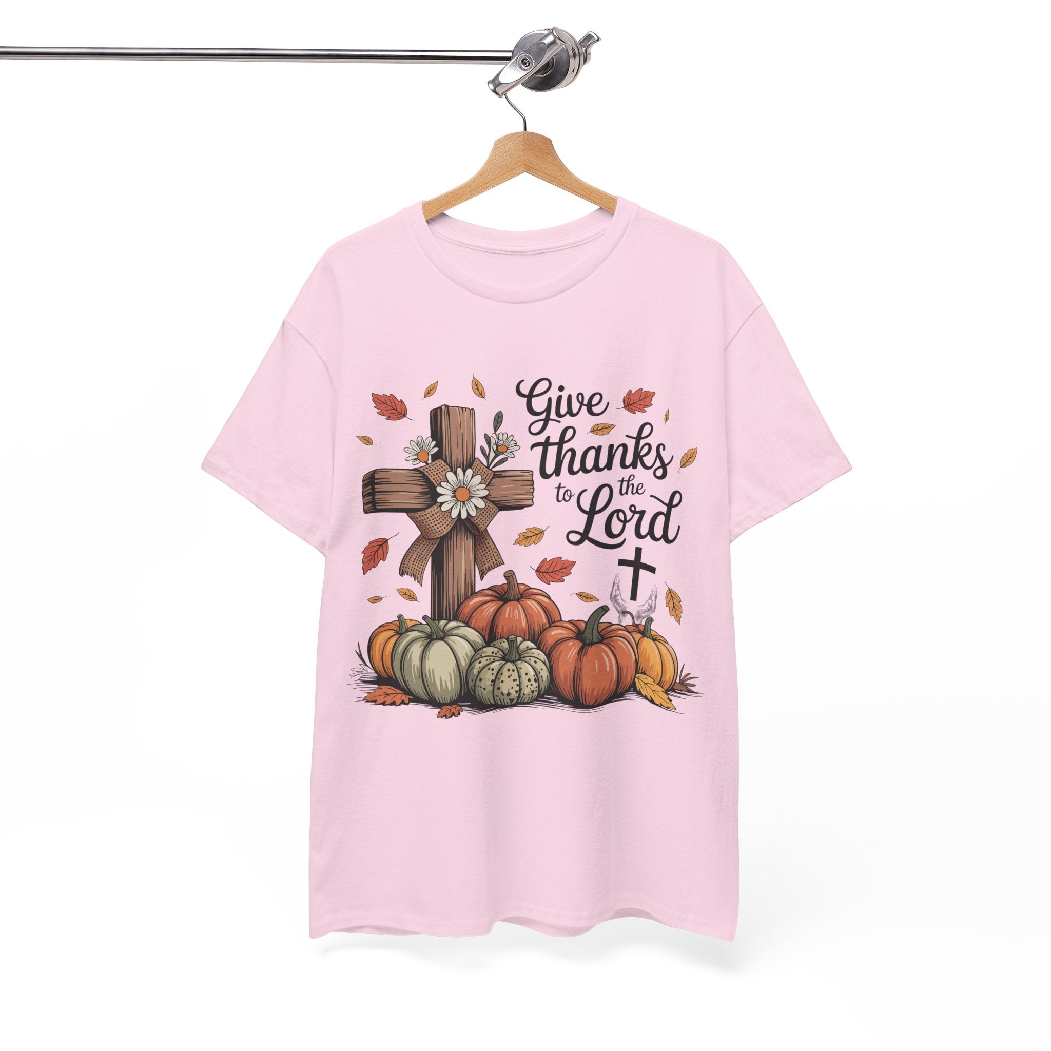 Give Thanks to the Lord Autumn Tee — Wooden Cross, Pumpkins & Daisies..Unisex Cotton Tee
