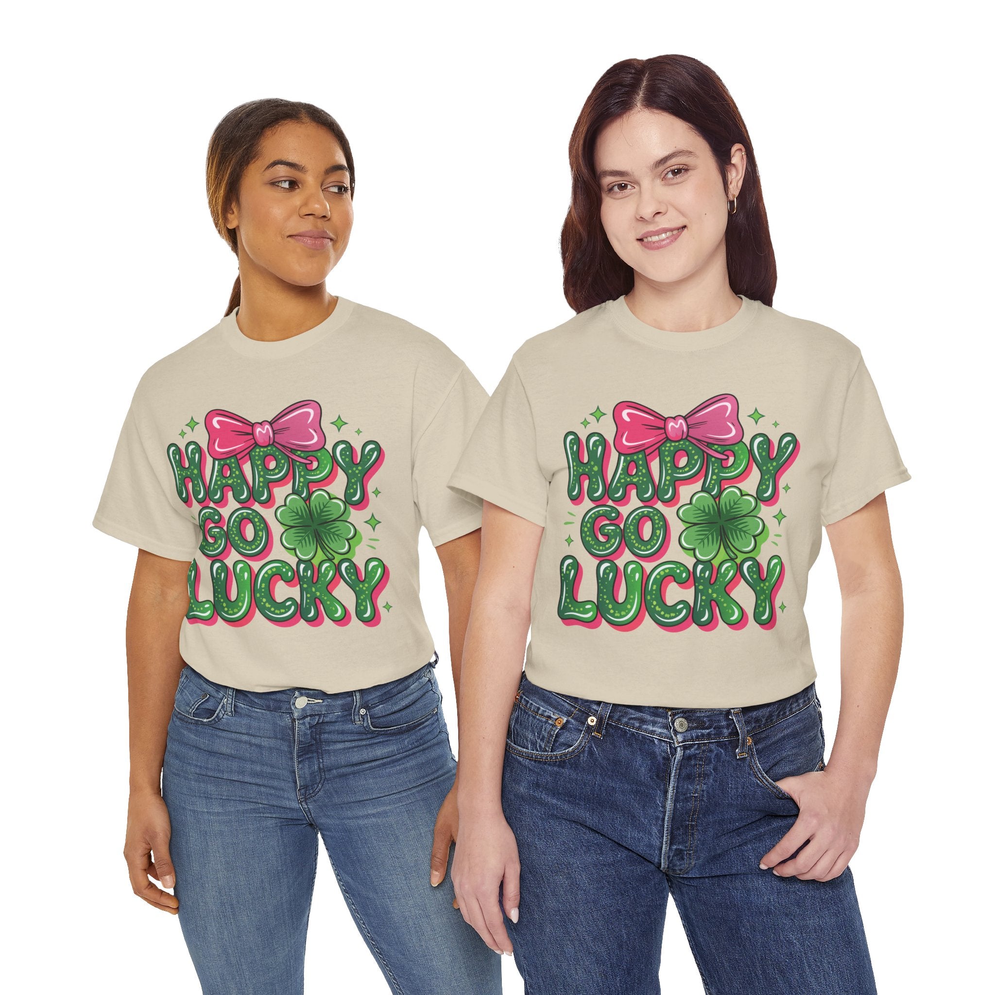 Happy Go Lucky Four-Leaf Clover Tee — Glossy Green Letters & Pink Bow Unisex Cotton Tee