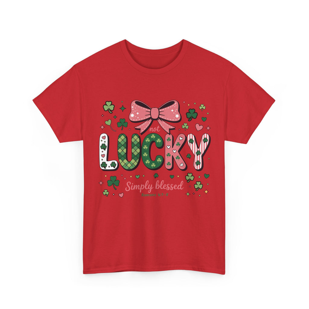 Simply Blessed Tee — “Not Lucky, Simply Blessed” with Pastel Bow, Clovers & Romans 4:7-8 Unisex Cotton Tee