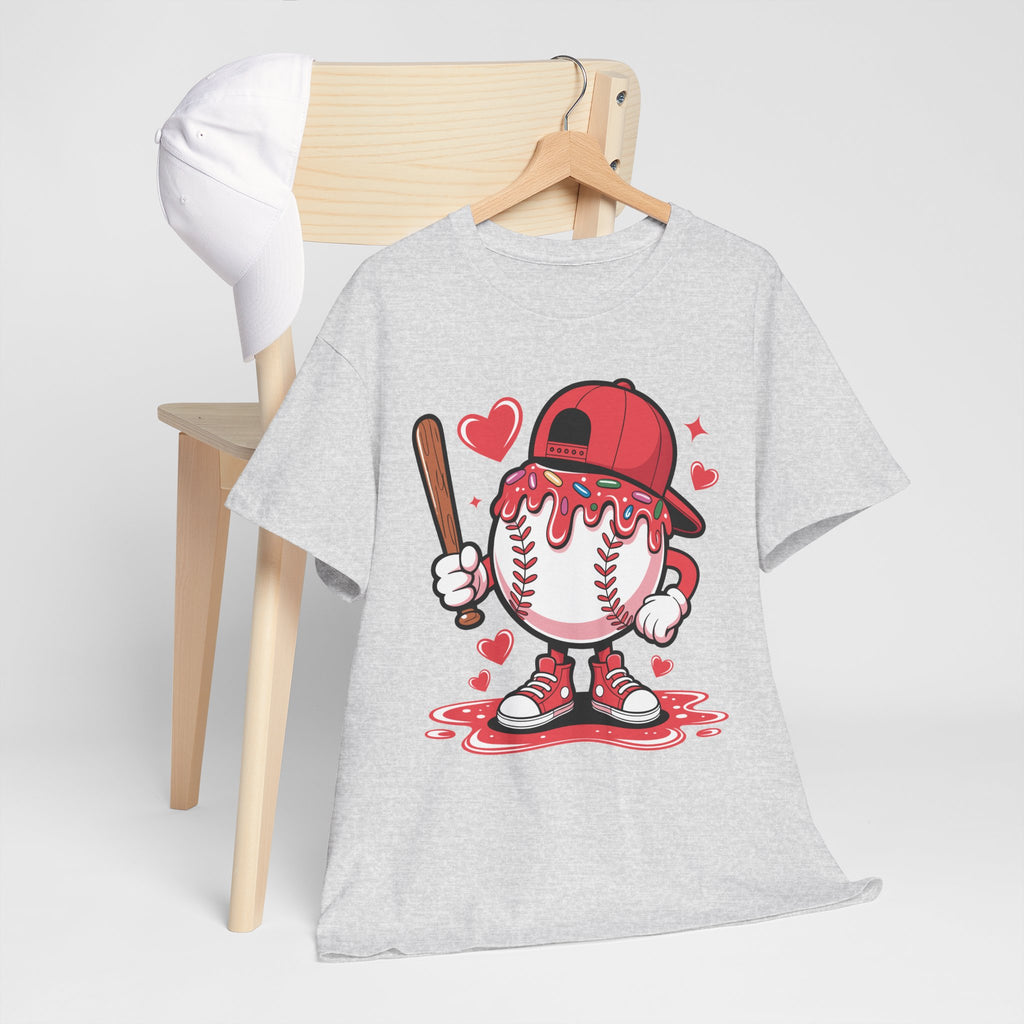 Cute Baseball Character T-Shirt — Red Cap & Icing Top Graphic with Hearts Unisex Cotton Tee