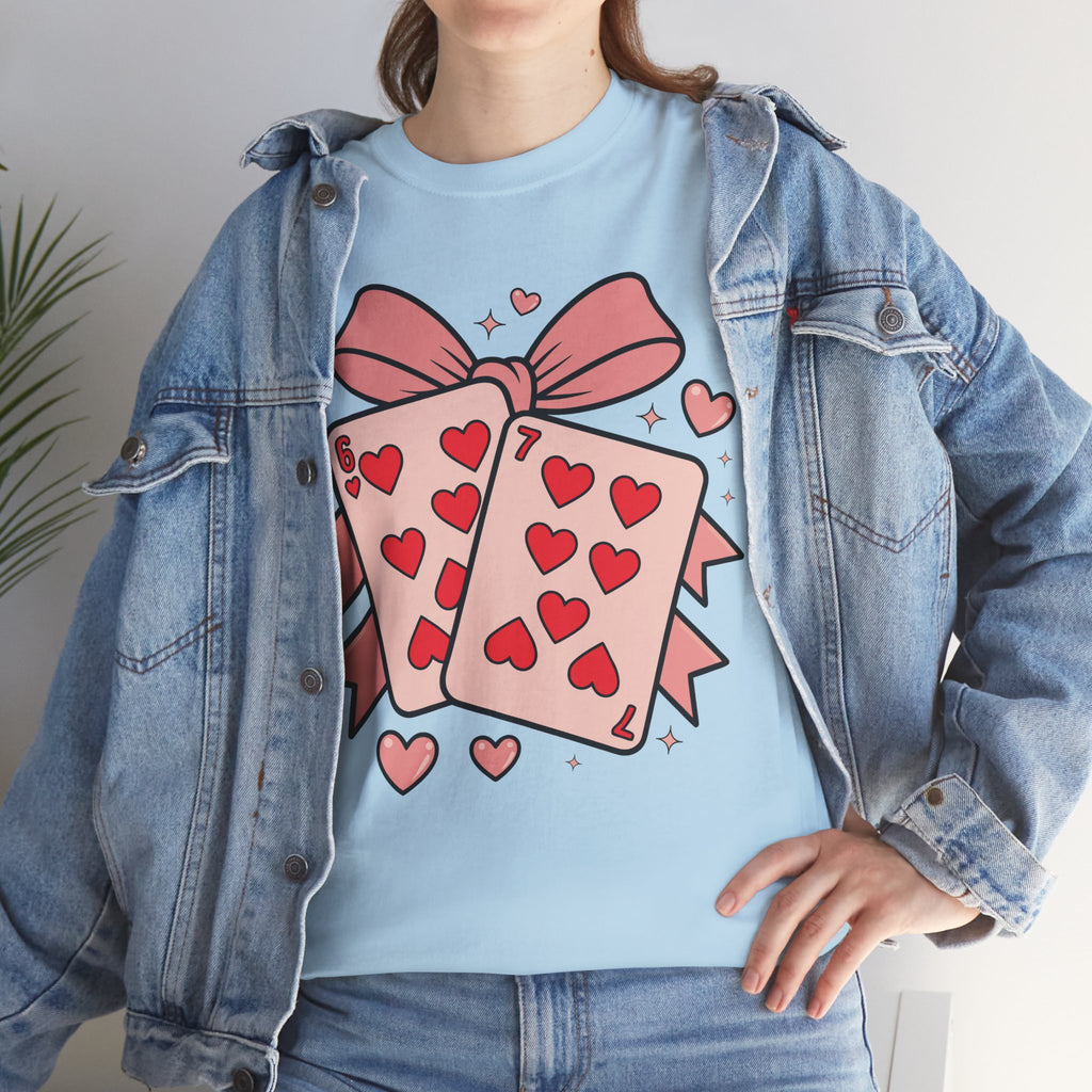 6 & 7 of Hearts T-Shirt — Paired Playing Cards with Pink Bow Unisex Cotton Tee