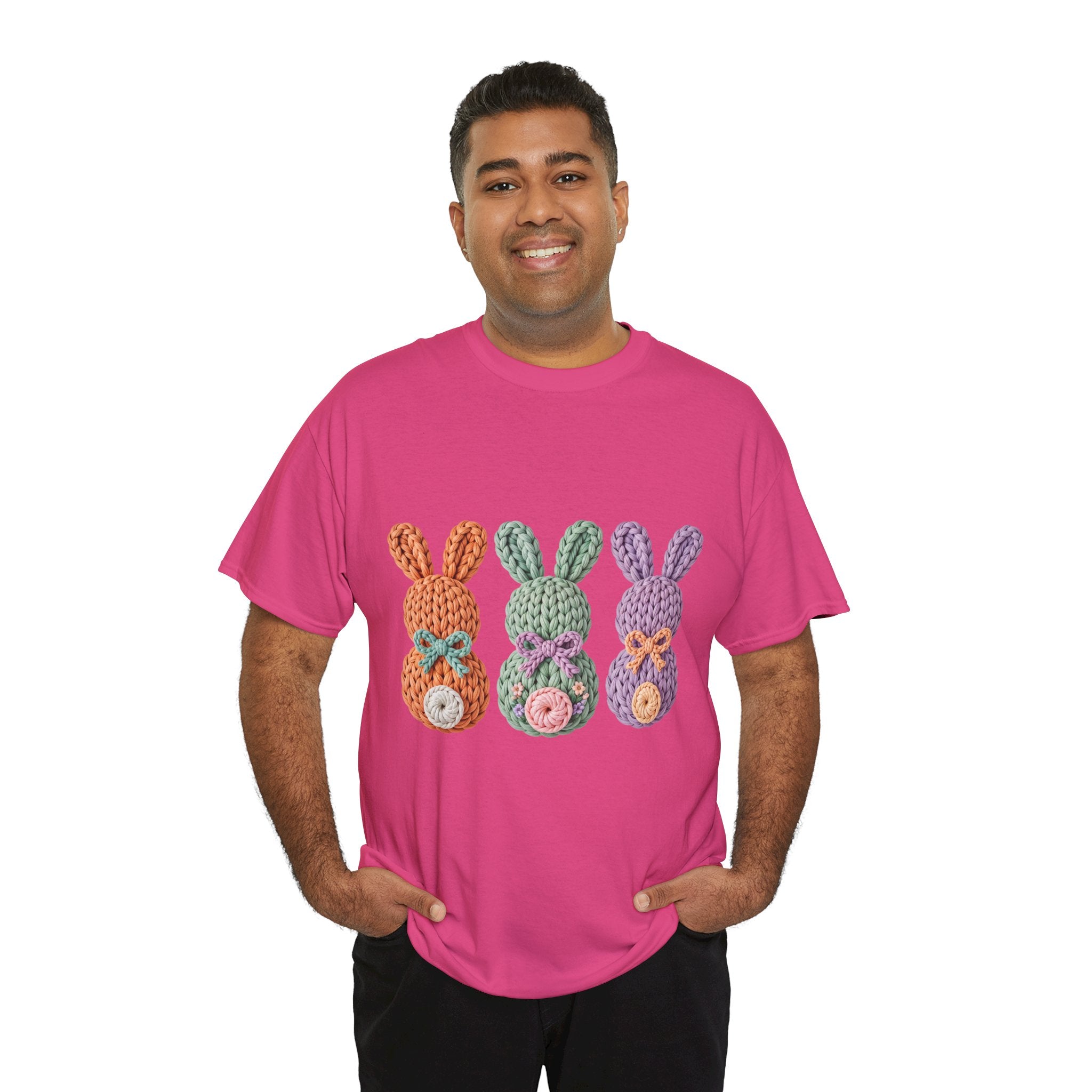 Pastel Crochet Bunny Tee — Trio of Faux Knit Bunnies with Bows & Flowers Unisex Cotton Tee