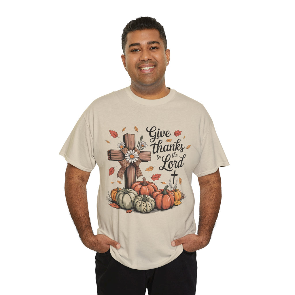 Give Thanks to the Lord Autumn Tee — Wooden Cross, Pumpkins & Daisies..Unisex Cotton Tee