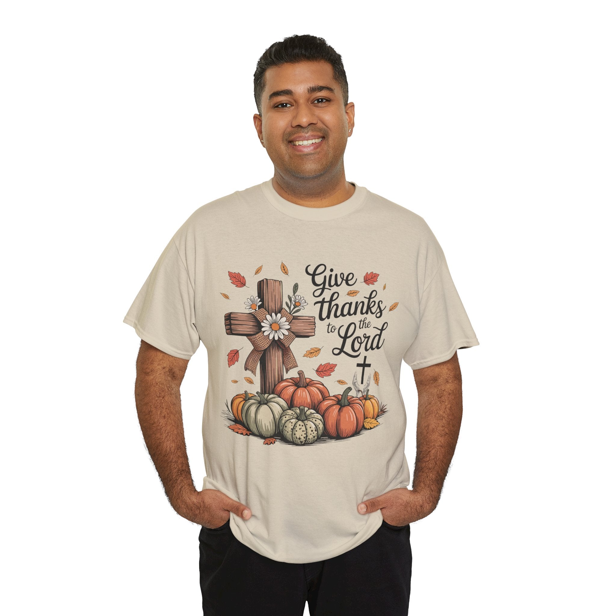 Give Thanks to the Lord Autumn Tee — Wooden Cross, Pumpkins & Daisies..Unisex Cotton Tee