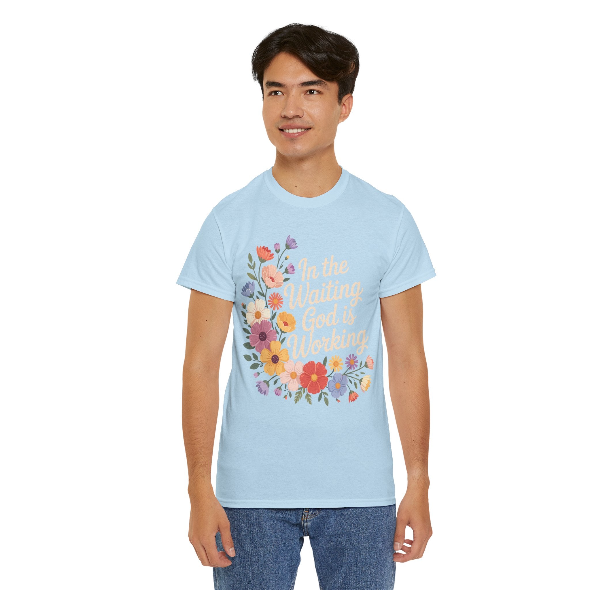 Pastel Floral “In the Waiting God Is Working” Unisex Cotton T-Shirt