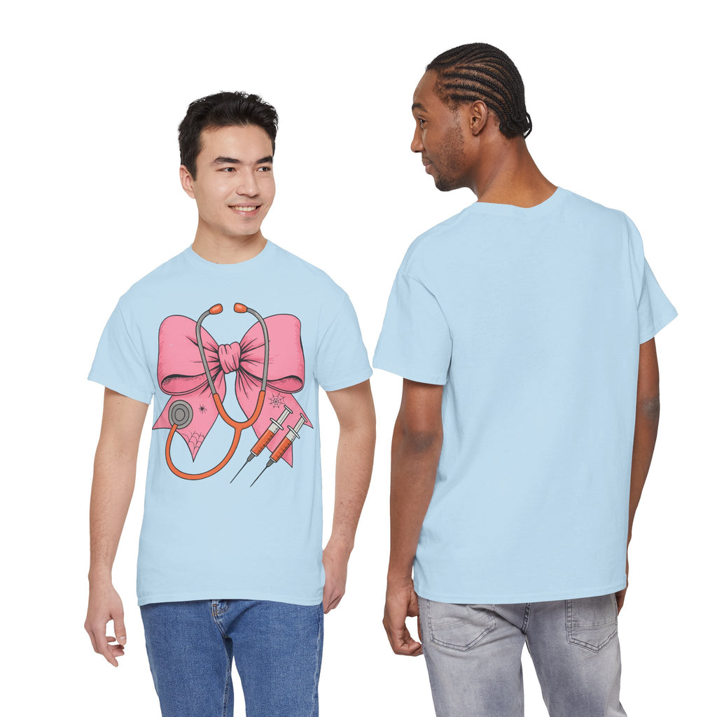 Halloween Nurse T‑Shirt — Pink Nurse Bow with Stethoscope, Syringes & Spider Webs..Unisex Cotton Tee