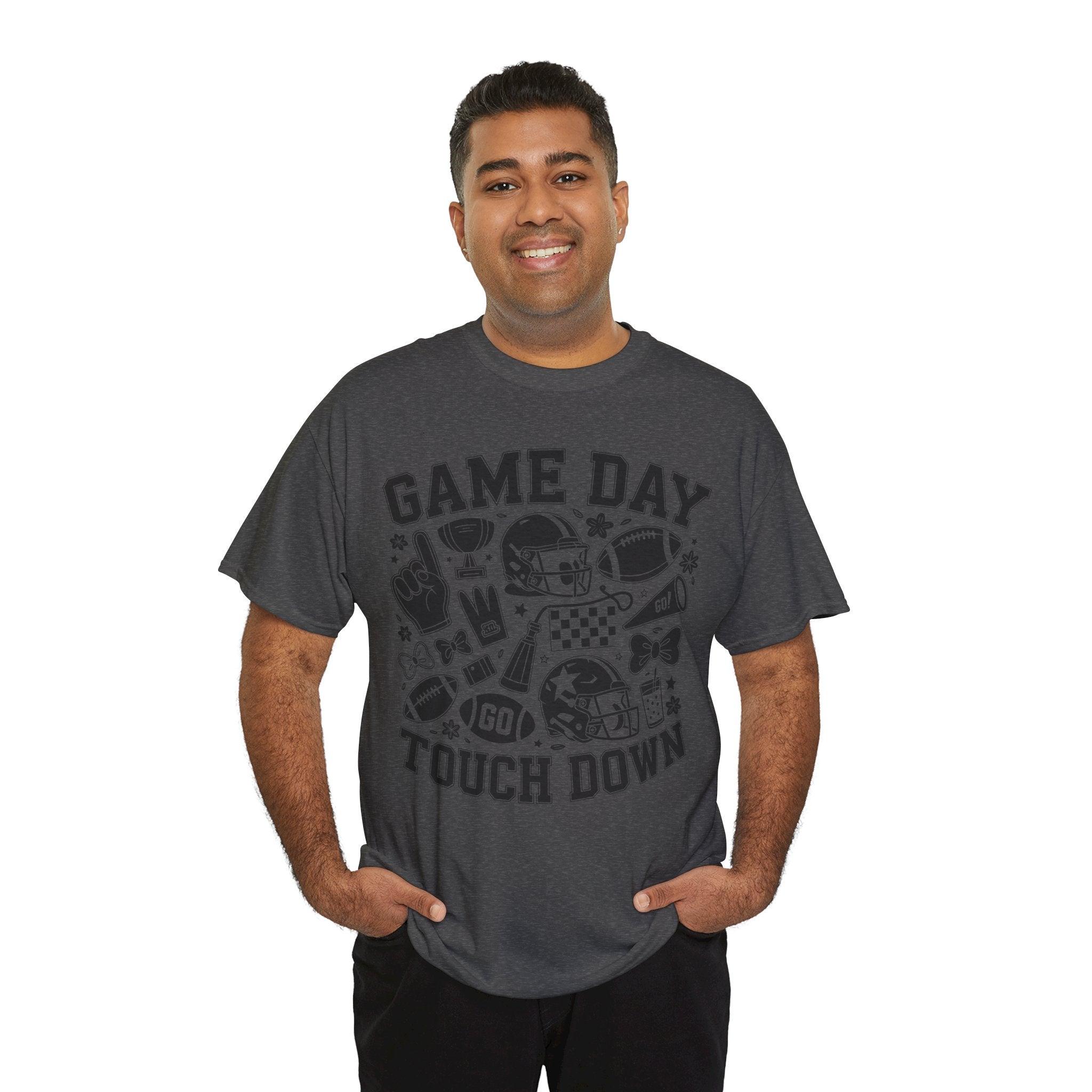 Game Day Touch Down Football T‑Shirt — Helmet & Cheer Monochrome Design Unisex Cotton Tee
