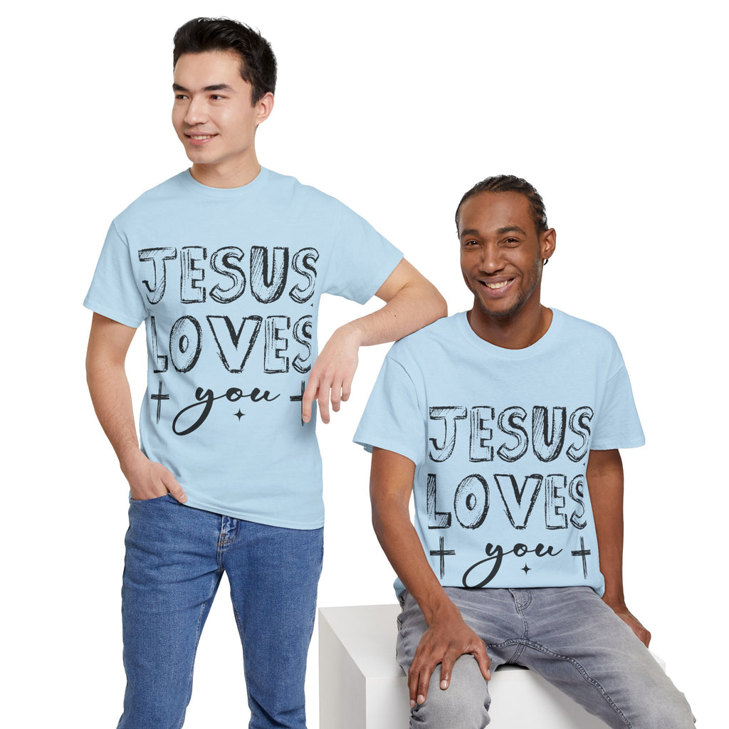 Jesus Loves You Chalk-Style Tee — Crosses & Stars Christian UNisex Cotton T-Shirt