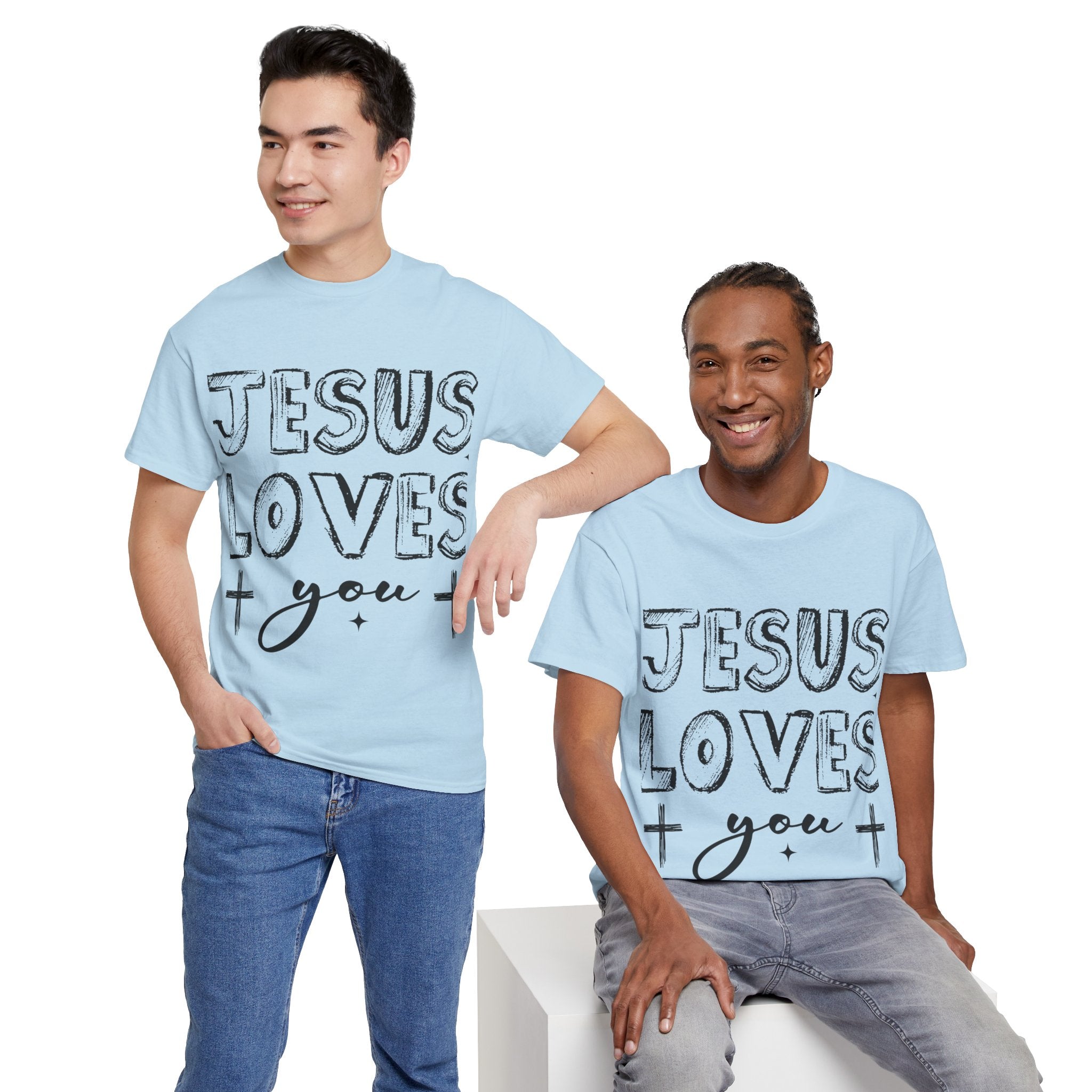 Jesus Loves You Chalk-Style Tee — Crosses & Stars Christian UNisex Cotton T-Shirt