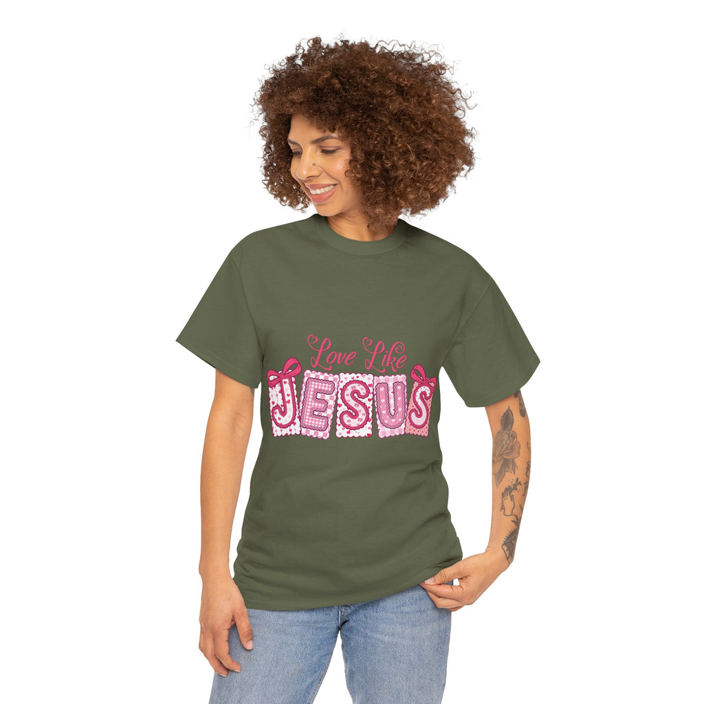 Love Like Jesus Patchwork Tee — Pink Stitched Heart Graphic.Unisex Cotton Tee