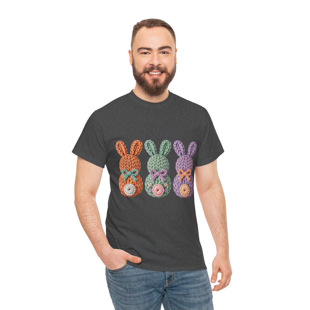 Pastel Crochet Bunny Tee — Trio of Faux Knit Bunnies with Bows & Flowers Unisex Cotton Tee