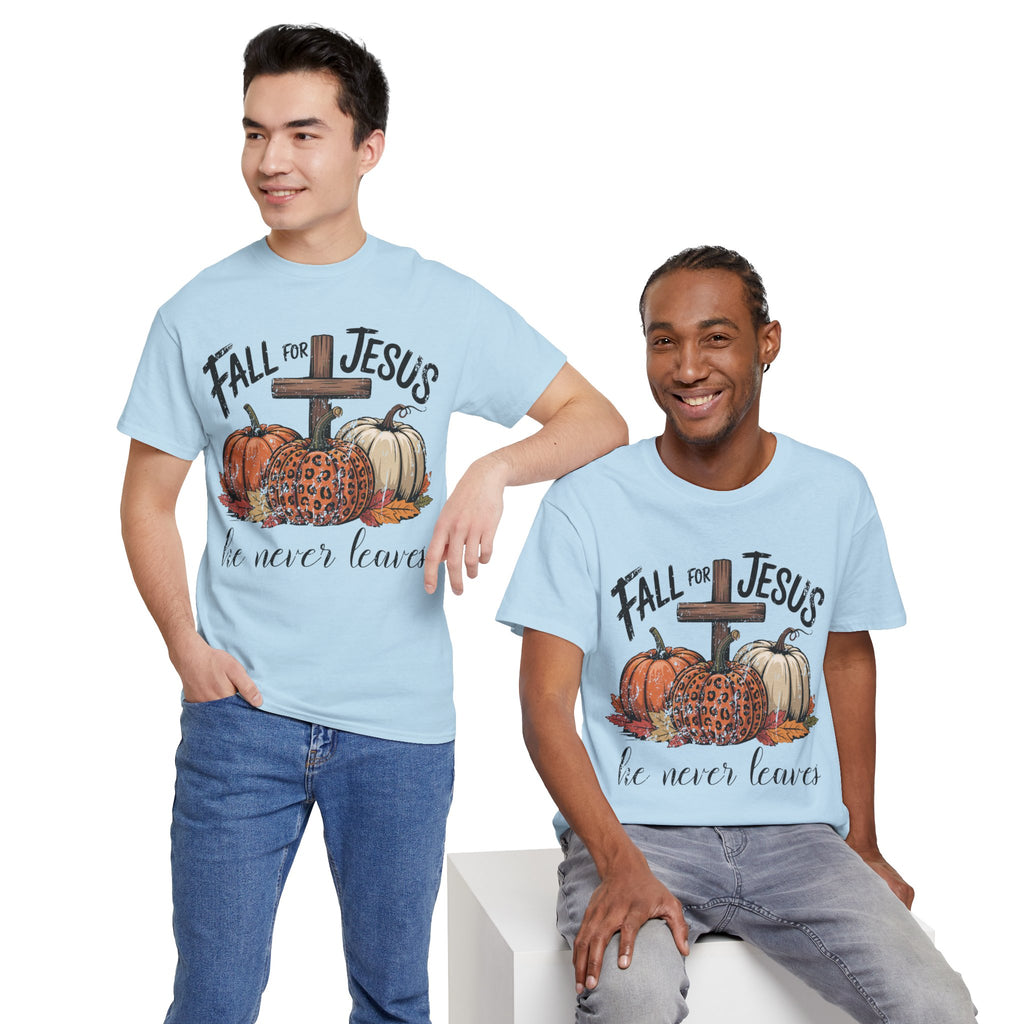 Fall for Jesus Pumpkin Cross Tee — "He Never Leaves" Autumn Christian Unisex Cotton T-Shirt