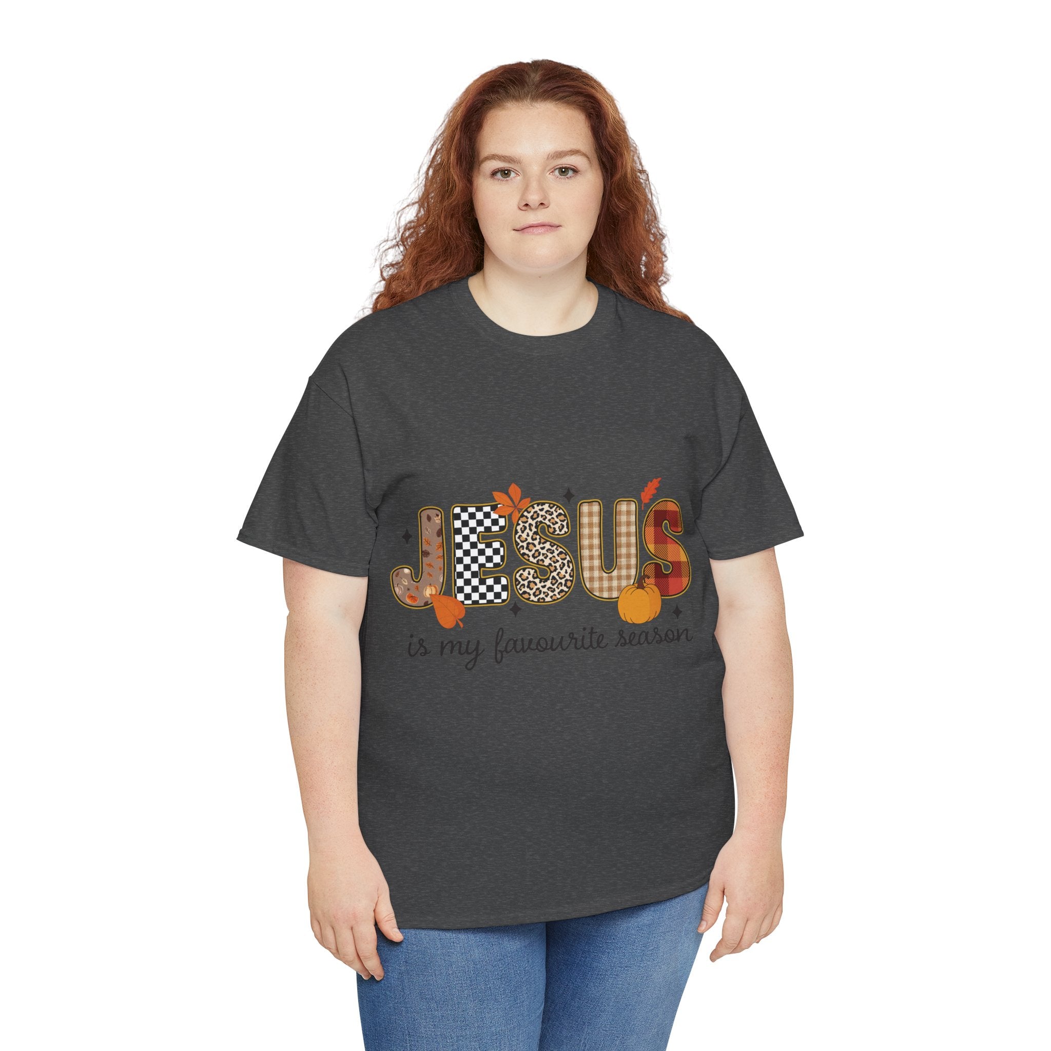 Jesus Is My Favorite Season Tee — Autumn Plaid & Leopard Lettering Unisex Cotton Tee