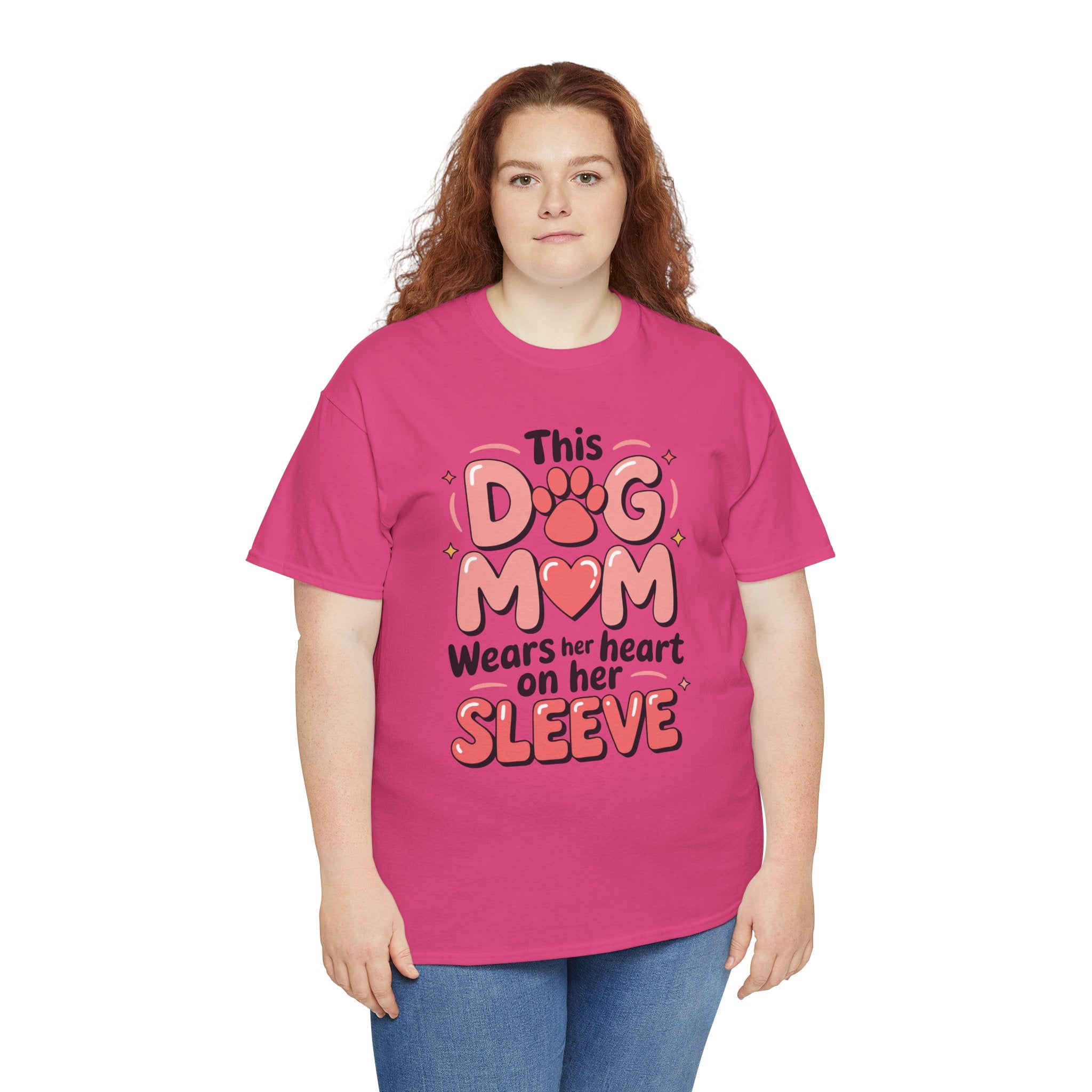 Dog Mom T-Shirt — "This Dog Mom Wears Her Heart on Her Sleeve" Paw & Heart Unisex Cotton Tee