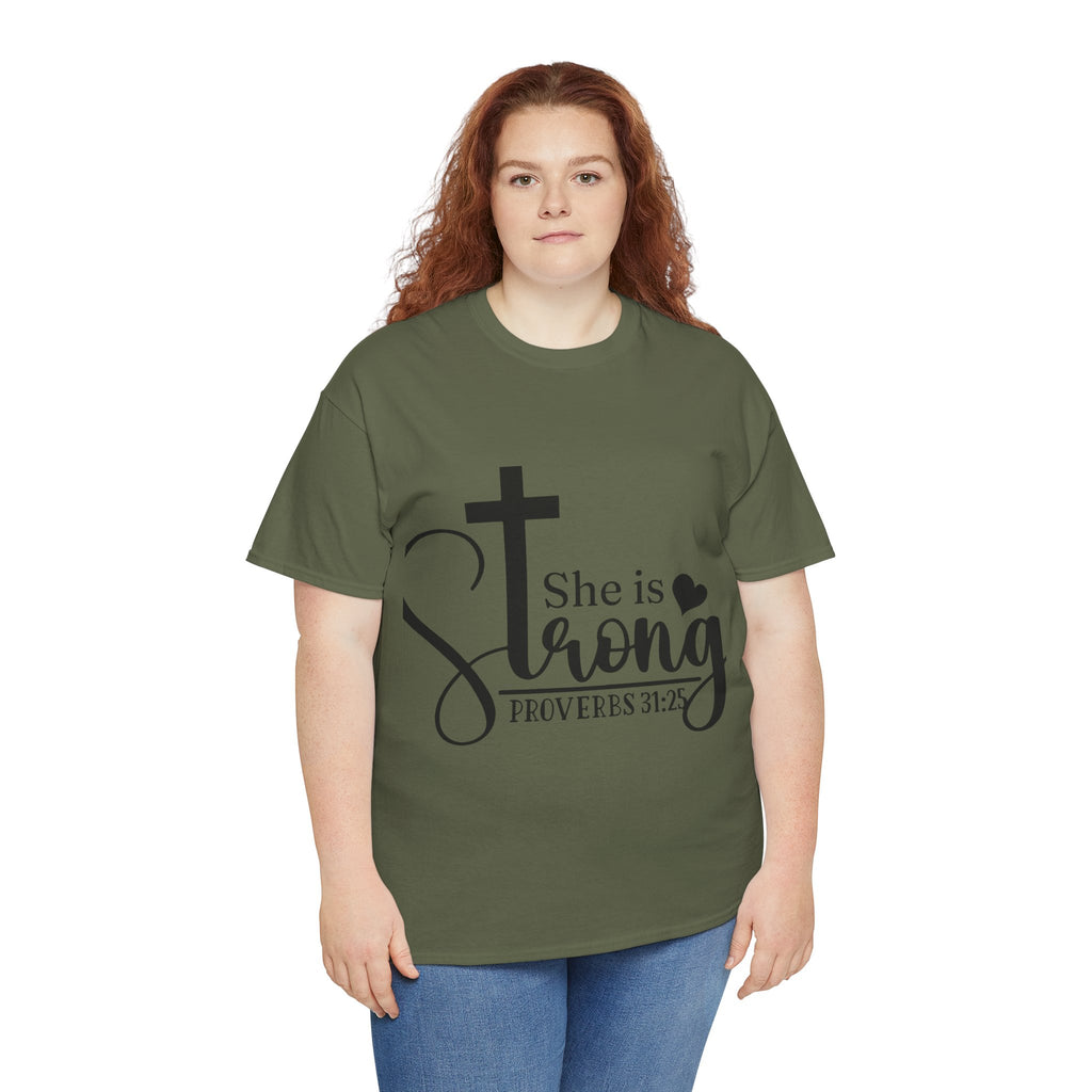 Proverbs 31:25 'She is Strong' T-Shirt – Christian Cross & Heart Unisex Cotton Tee