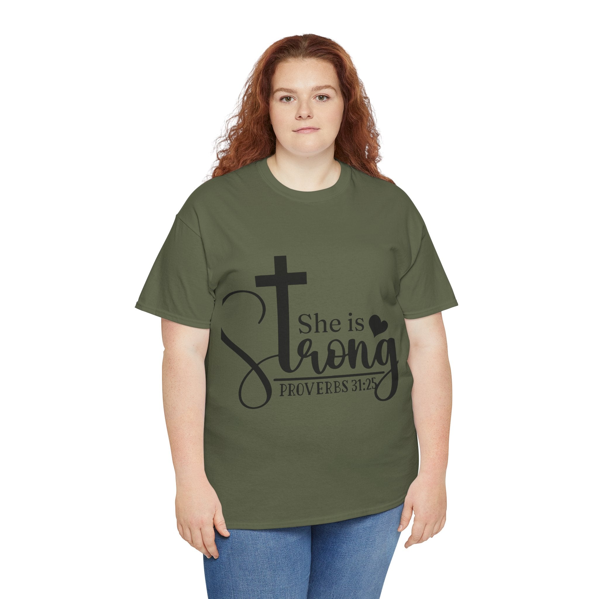 Proverbs 31:25 'She is Strong' T-Shirt – Christian Cross & Heart Unisex Cotton Tee