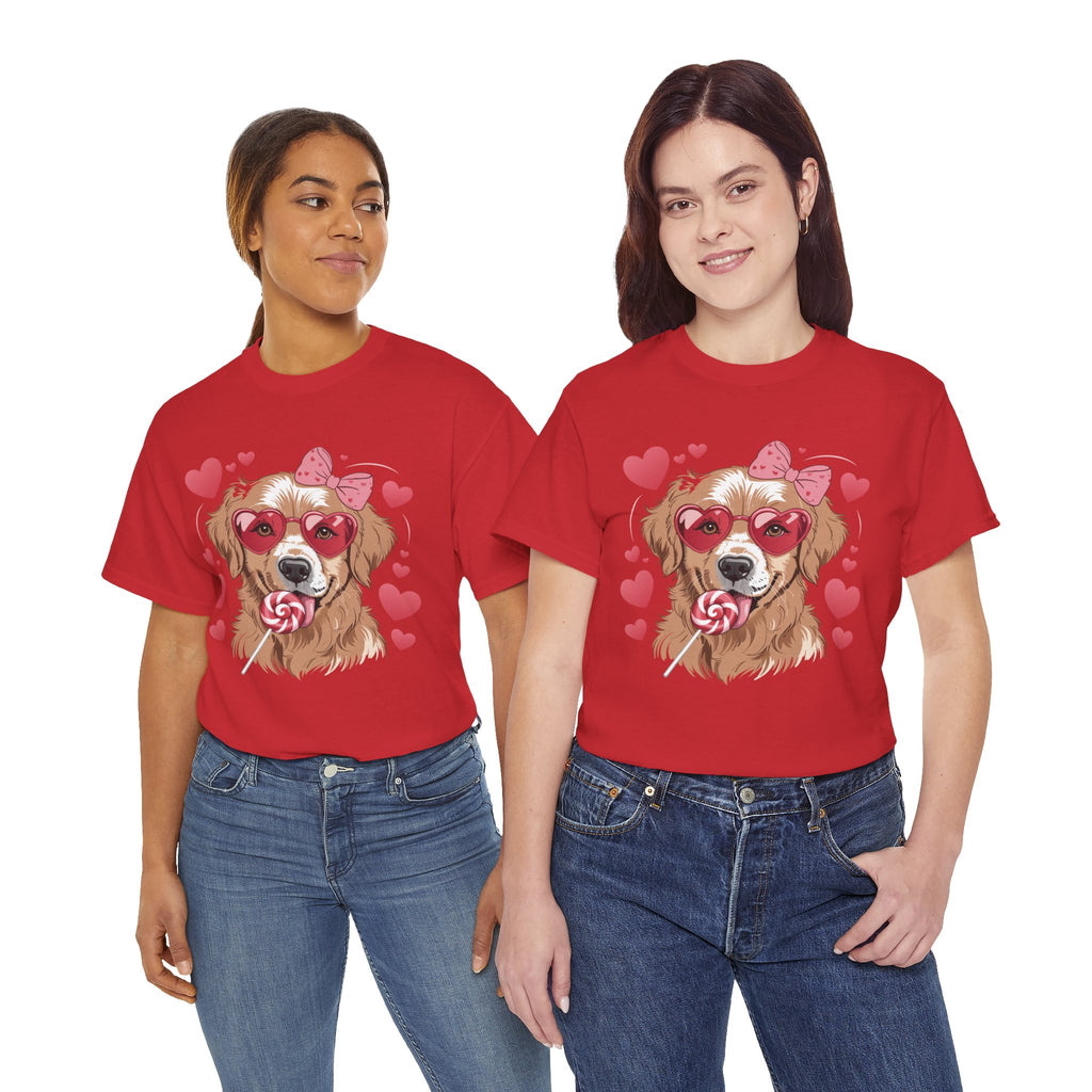Valentine Dog T-Shirt — Cute Pup with Heart Glasses, Pink Bow & Lollipop..Unisex Cotton Tee
