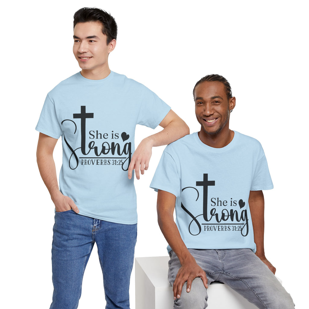 Proverbs 31:25 'She is Strong' T-Shirt – Christian Cross & Heart Unisex Cotton Tee