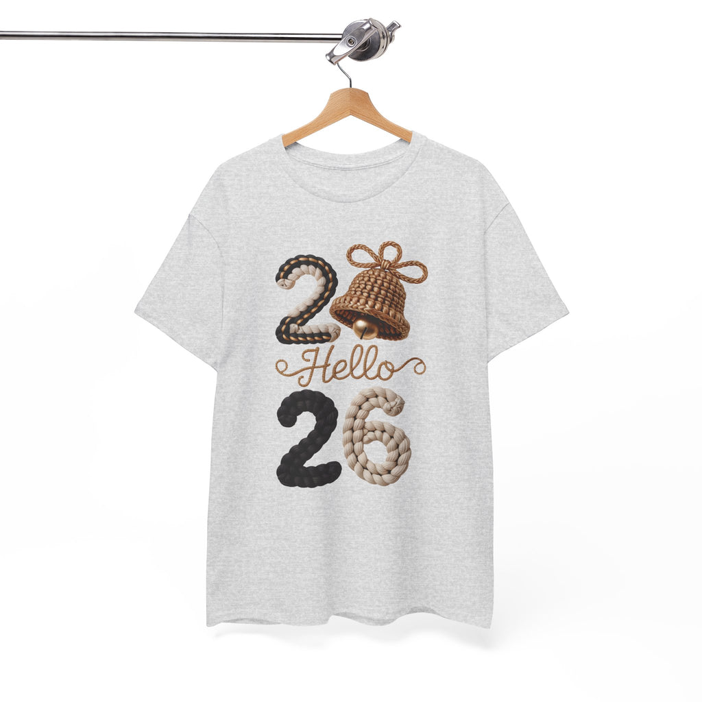 Hello 2026 Tee — Cozy Faux Yarn Braided Numbers with Woven Golden Bell..Unisex Cotton Tee