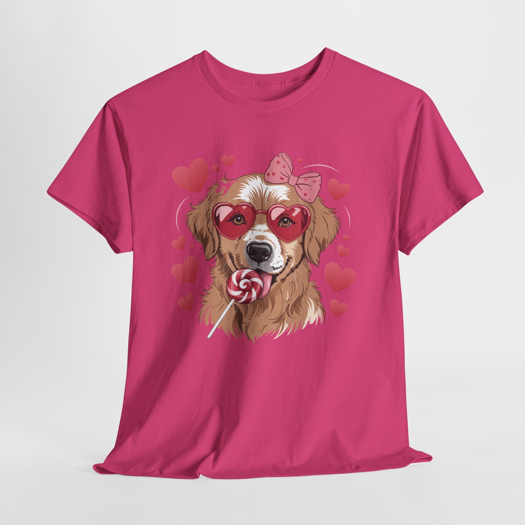 Valentine Dog T-Shirt — Cute Pup with Heart Glasses, Pink Bow & Lollipop..Unisex Cotton Tee