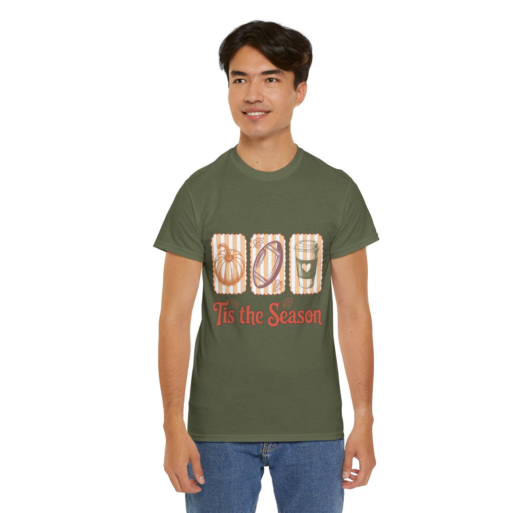 Tis the Season Pumpkin, Football & Coffee Fall Unisex Cotton T-Shirt
