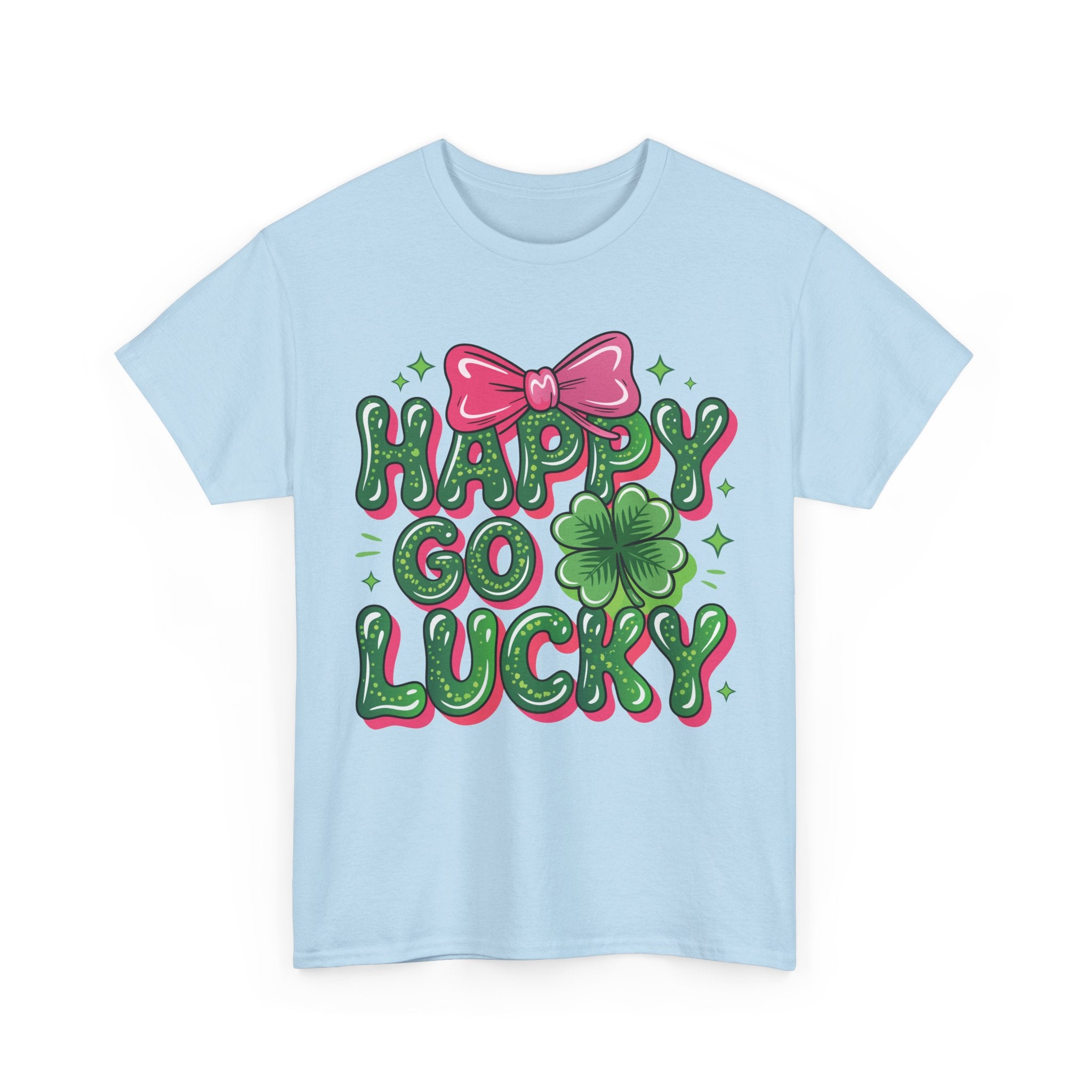 Happy Go Lucky Four-Leaf Clover Tee — Glossy Green Letters & Pink Bow Unisex Cotton Tee