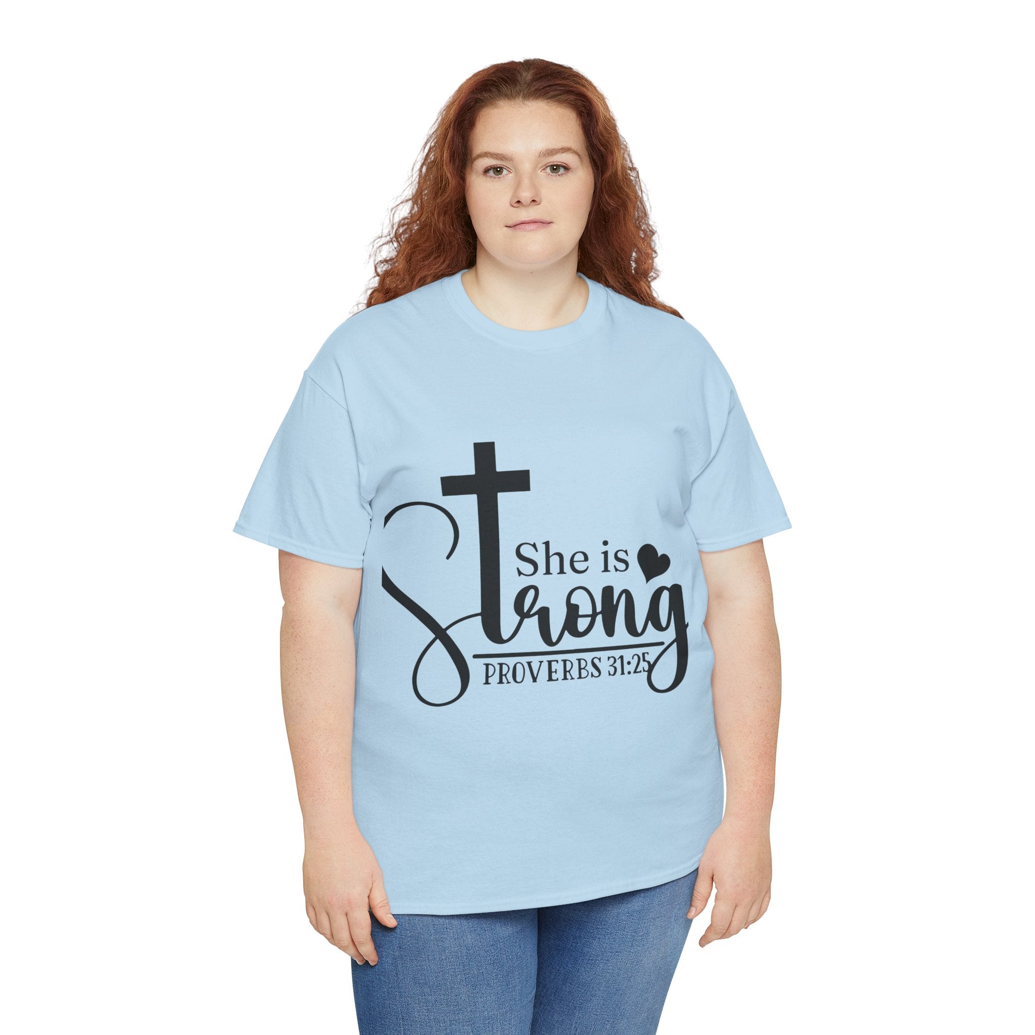 Proverbs 31:25 'She is Strong' T-Shirt – Christian Cross & Heart Unisex Cotton Tee