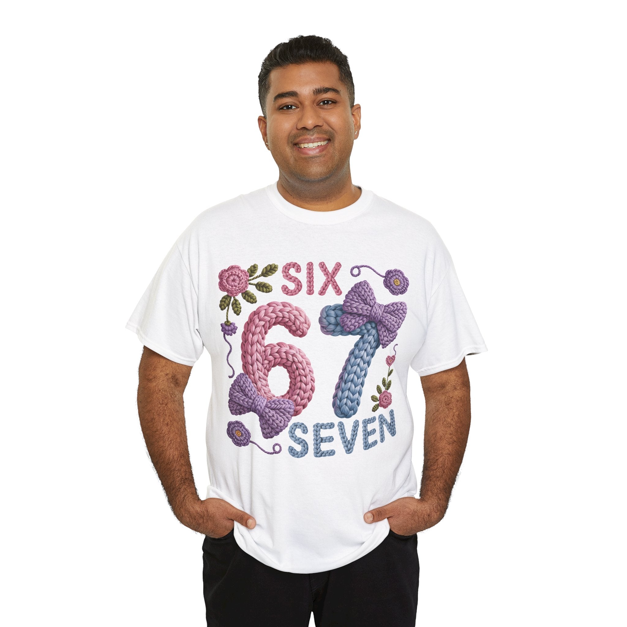 Pastel Crochet Numbers 6 & 7 Tee — Faux-Yarn Bows & Flowers. Unisex Cotton Tee