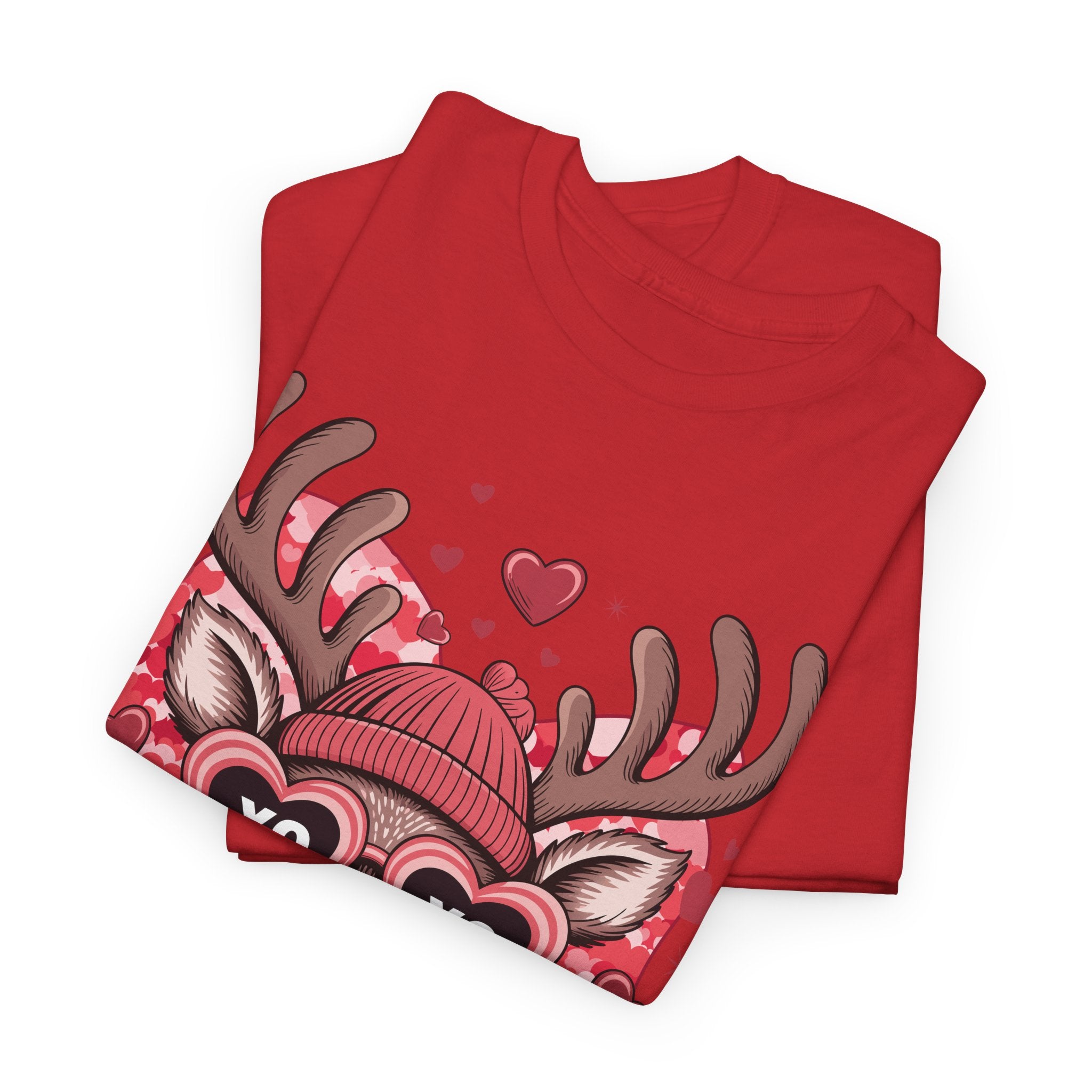 Valentine Deer Tee — Cute XO Heart Glasses, Beanie & Scarf Unisex Cotton Tshirt