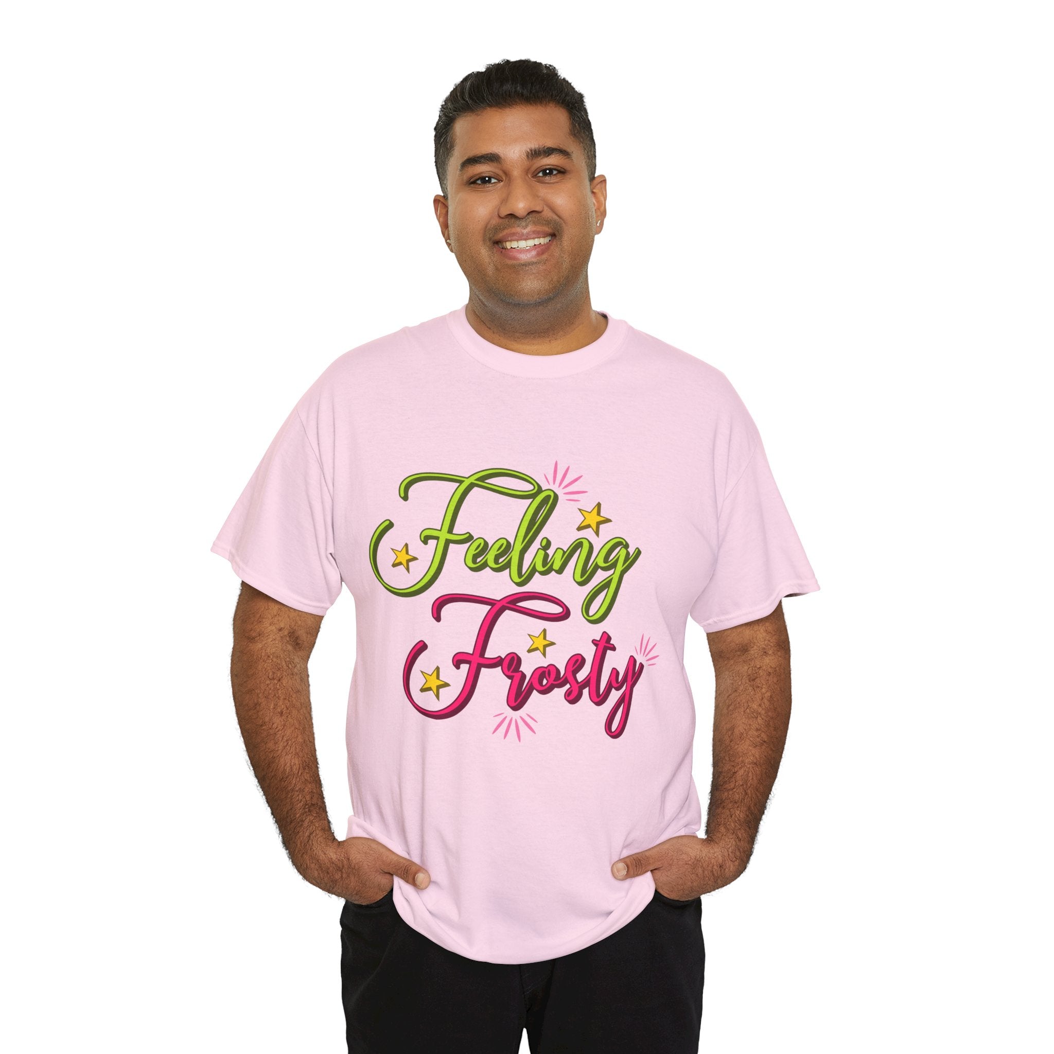 Feeling Frosty Holiday T-Shirt — Green & Pink Script Stars.Unisex Cotton Tee