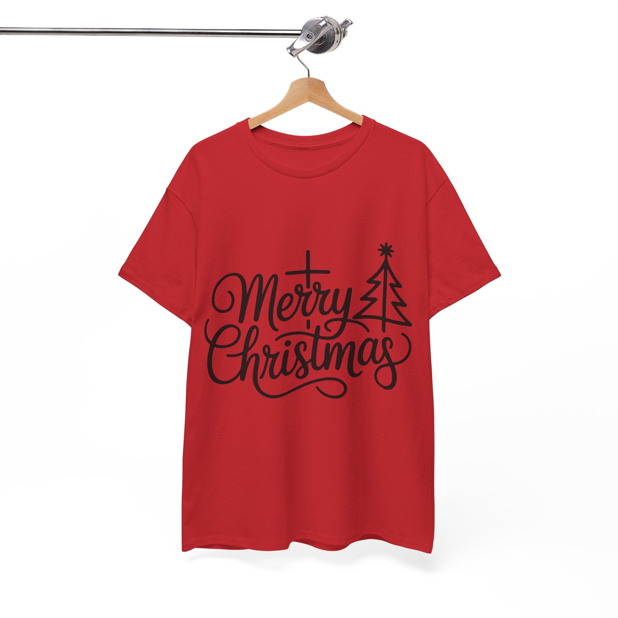 Merry Christmas Script T-Shirt with Cross & Tree(Unisex Cotton Tee)