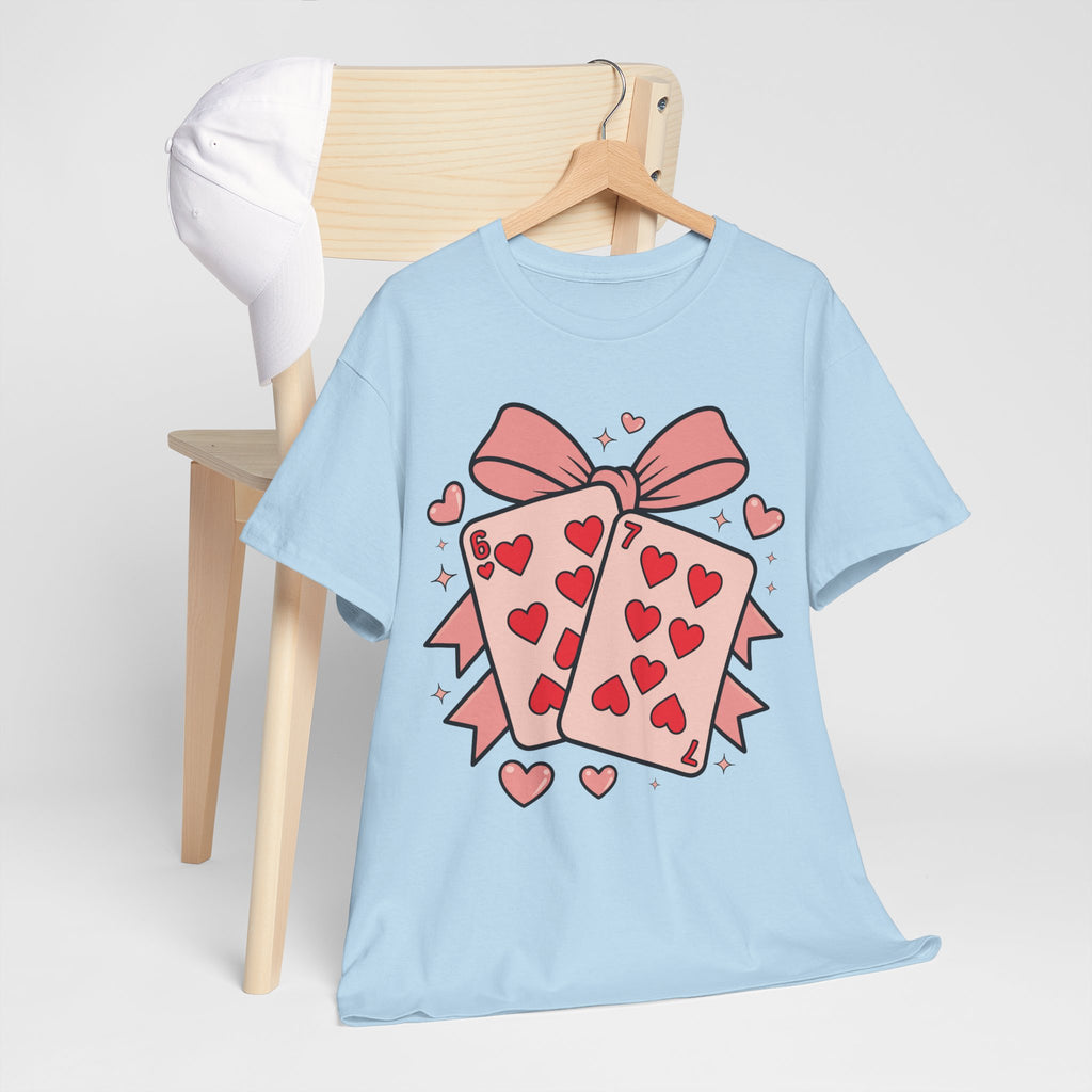 6 & 7 of Hearts T-Shirt — Paired Playing Cards with Pink Bow Unisex Cotton Tee