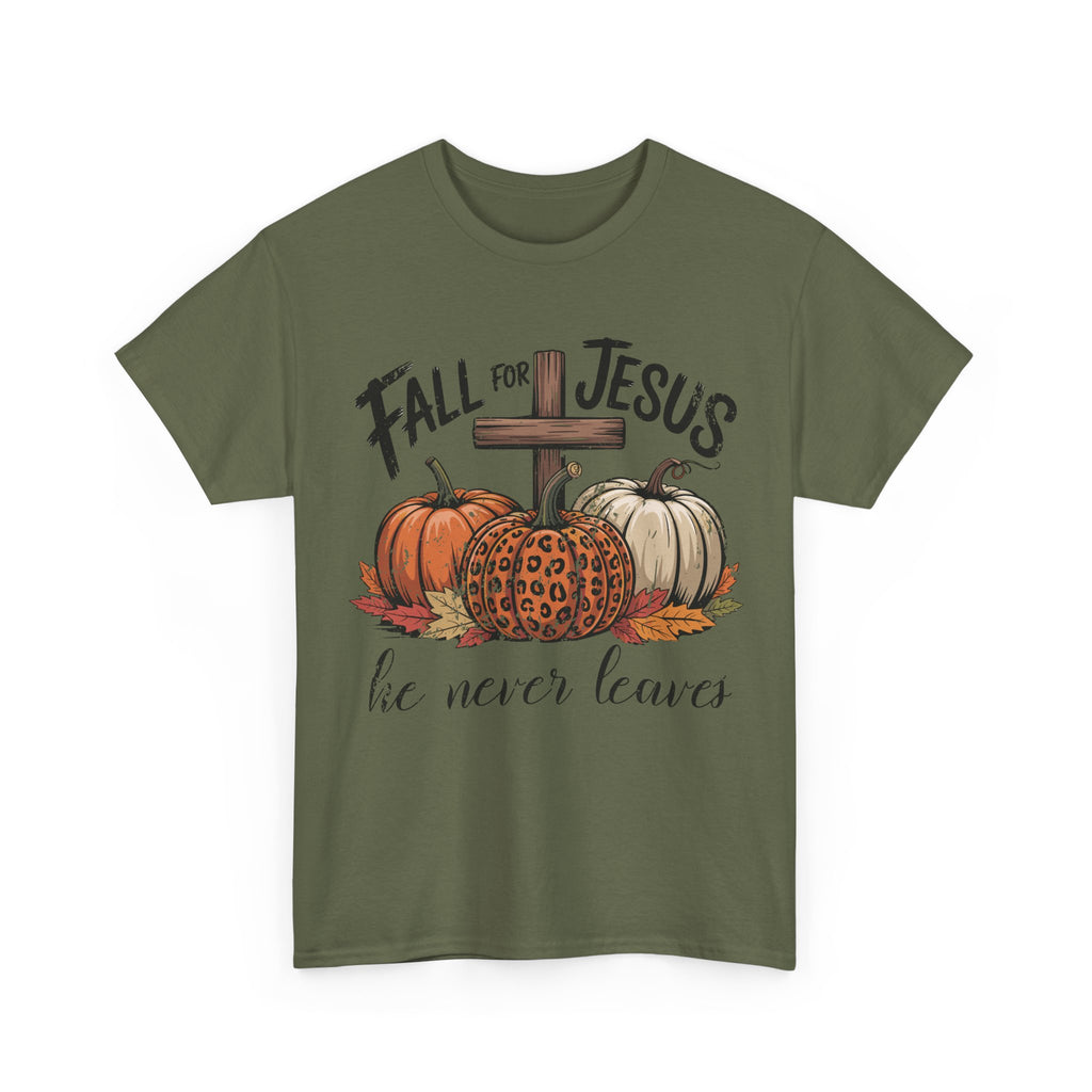 Fall for Jesus Pumpkin Cross Tee — "He Never Leaves" Autumn Christian Unisex Cotton T-Shirt