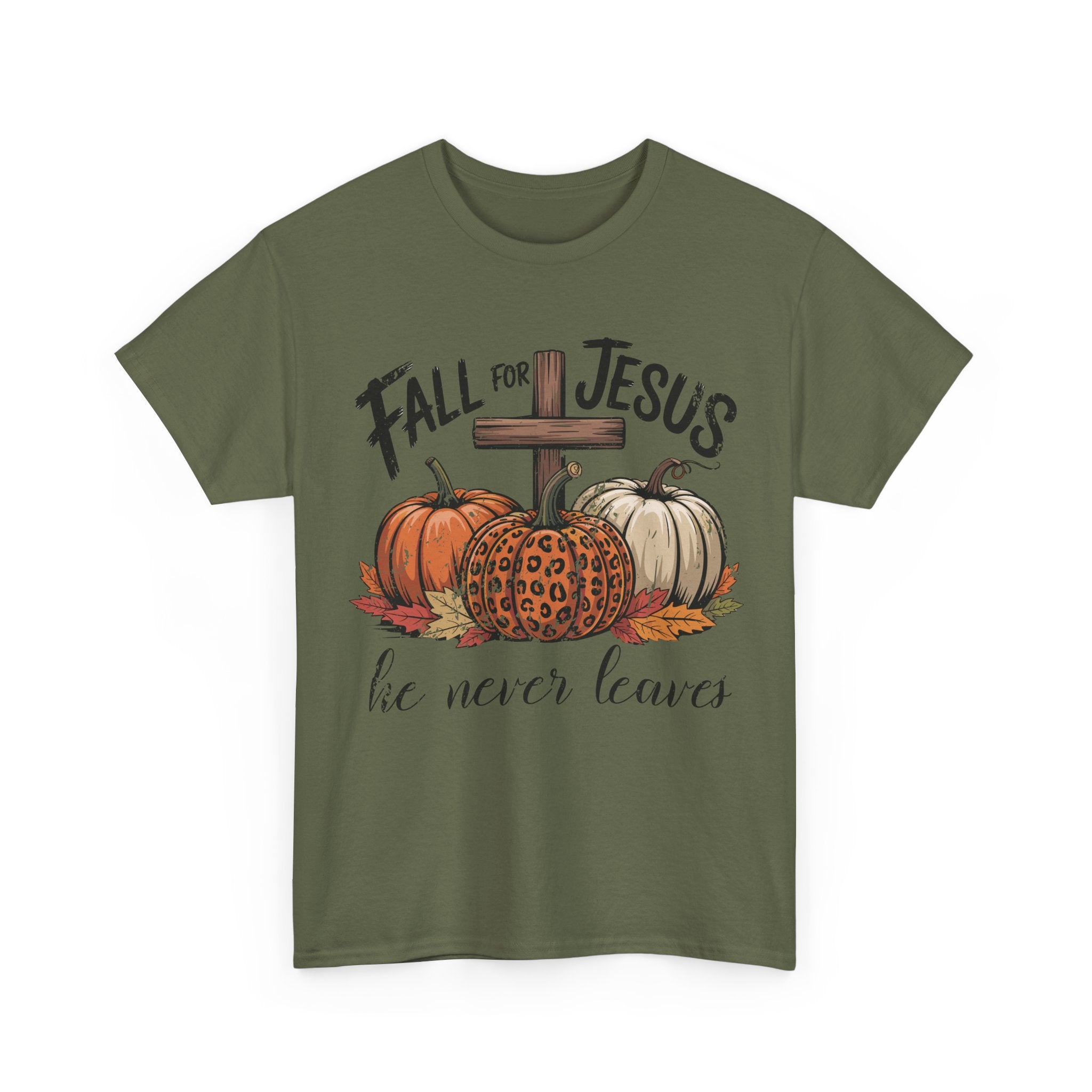 Fall for Jesus Pumpkin Cross Tee — "He Never Leaves" Autumn Christian Unisex Cotton T-Shirt