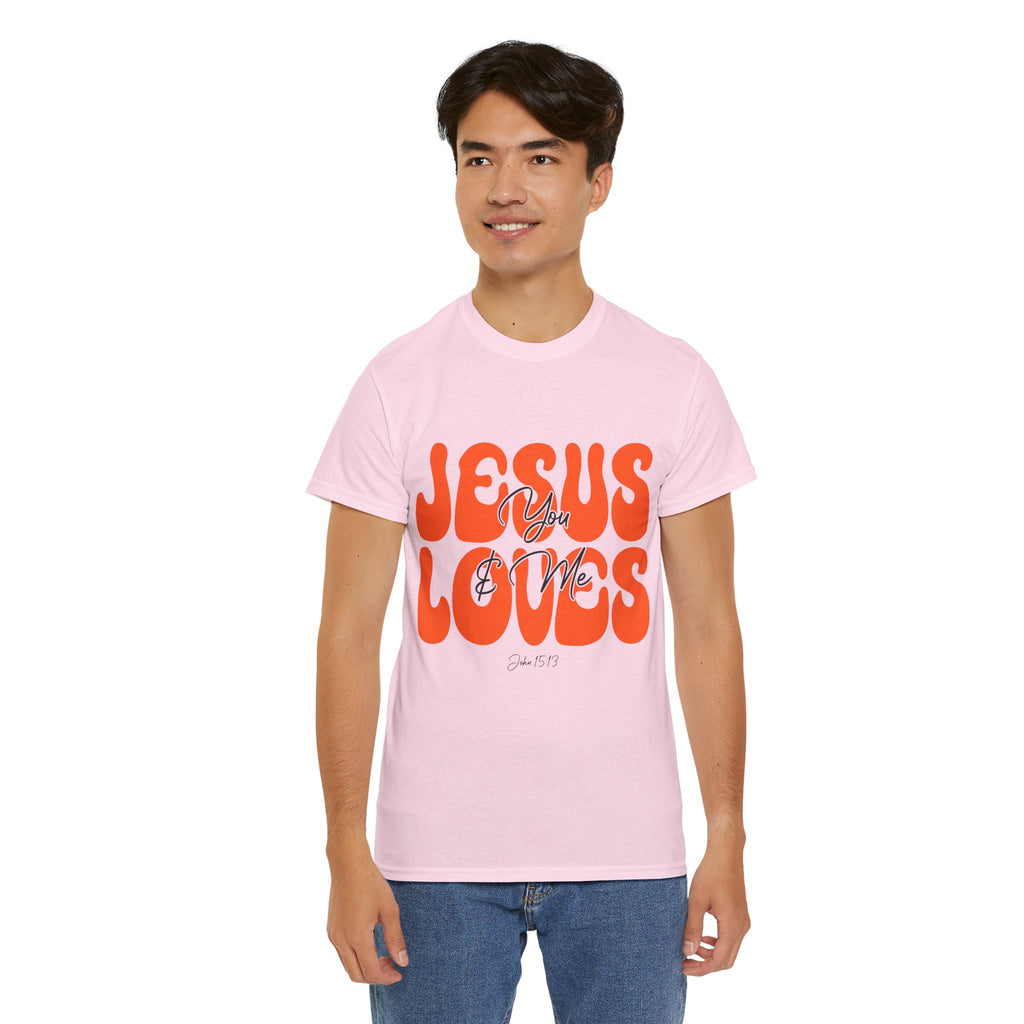 Jesus Loves You & Me Retro Tee — Playful Orange Bubbly Christian Unisex Cotton T-Shirt