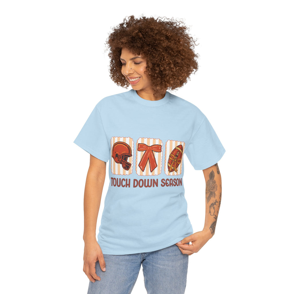 Touch Down Season Football Tee — Striped Fall Helmet & Bow Design Unisex Cotton Tee