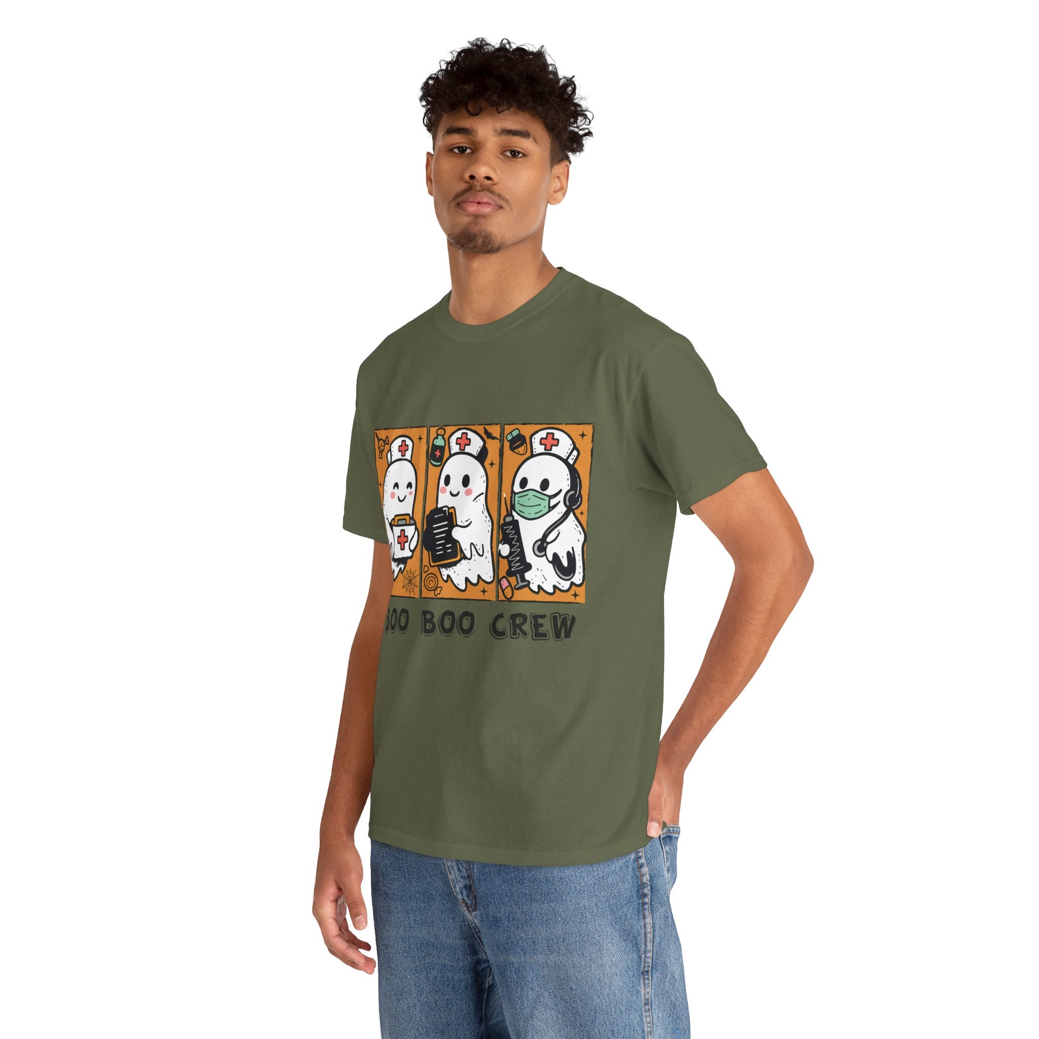 Halloween Nurse T-Shirt — Ghost Nurses Holding Medical Tools on Orange Unisec Cotton Tee