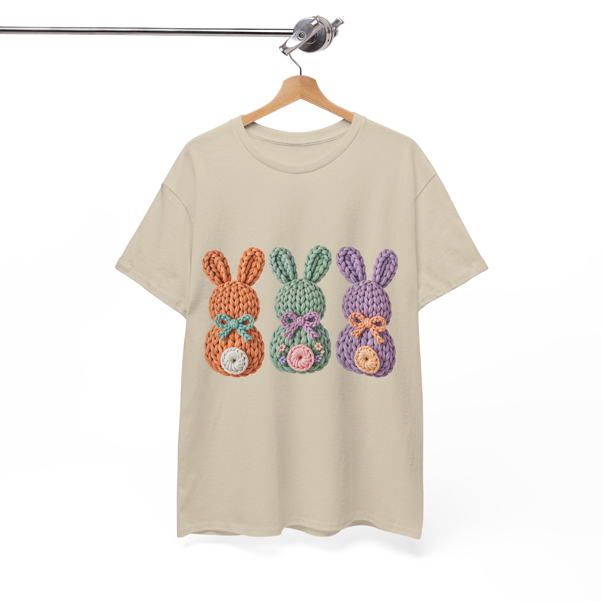 Pastel Crochet Bunny Tee — Trio of Faux Knit Bunnies with Bows & Flowers Unisex Cotton Tee