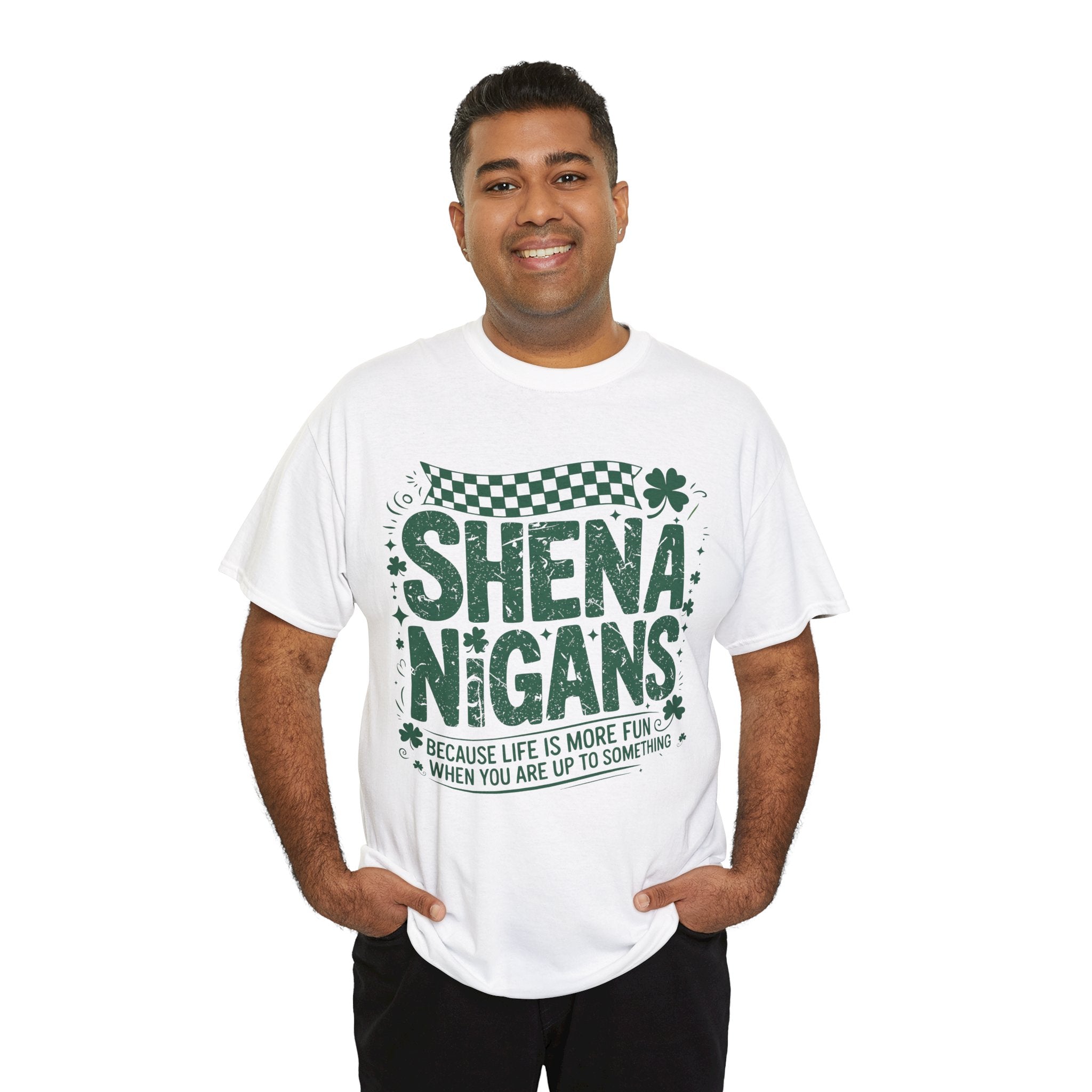 Shenanigans Clover Tee — Bright Green St. Patrick’s Day Shirt with Checkered Flag Unisex Cotton Tee