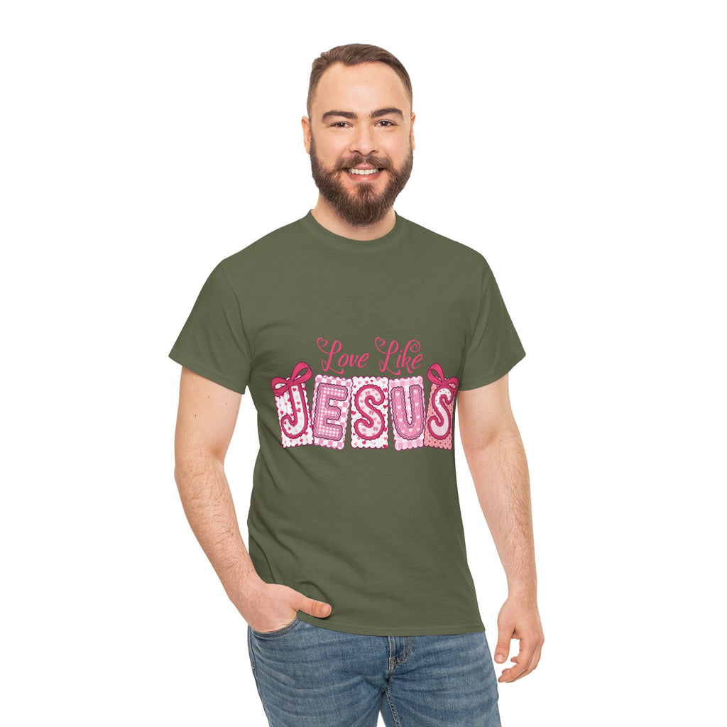 Love Like Jesus Patchwork Tee — Pink Stitched Heart Graphic.Unisex Cotton Tee